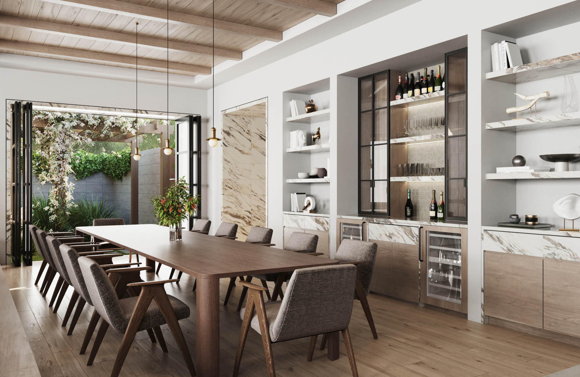 Stylish dining room with wood-look tile flooring, an elegant wooden table, and open shelving, seamlessly blending indoor and outdoor spaces with large folding doors.