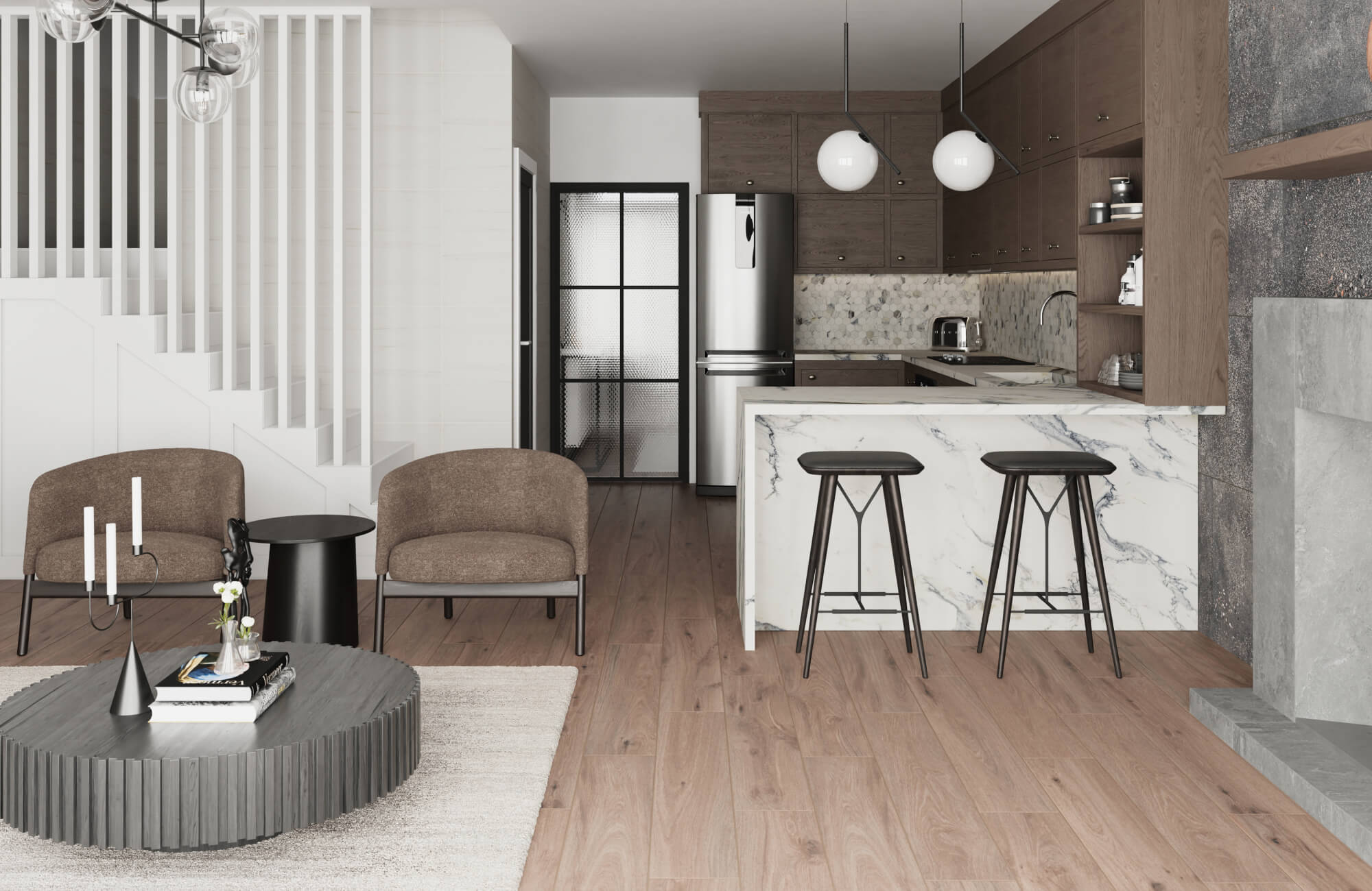 Open-concept living area with wood-look tile flooring, a modern kitchen featuring marble accents, and cozy lounge seating.