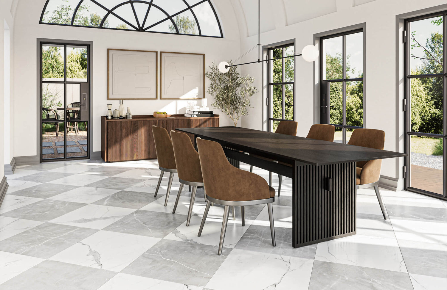 Elegant dining room with large windows, a black table, brown chairs, and a checkered floor of gray and white marble look tiles