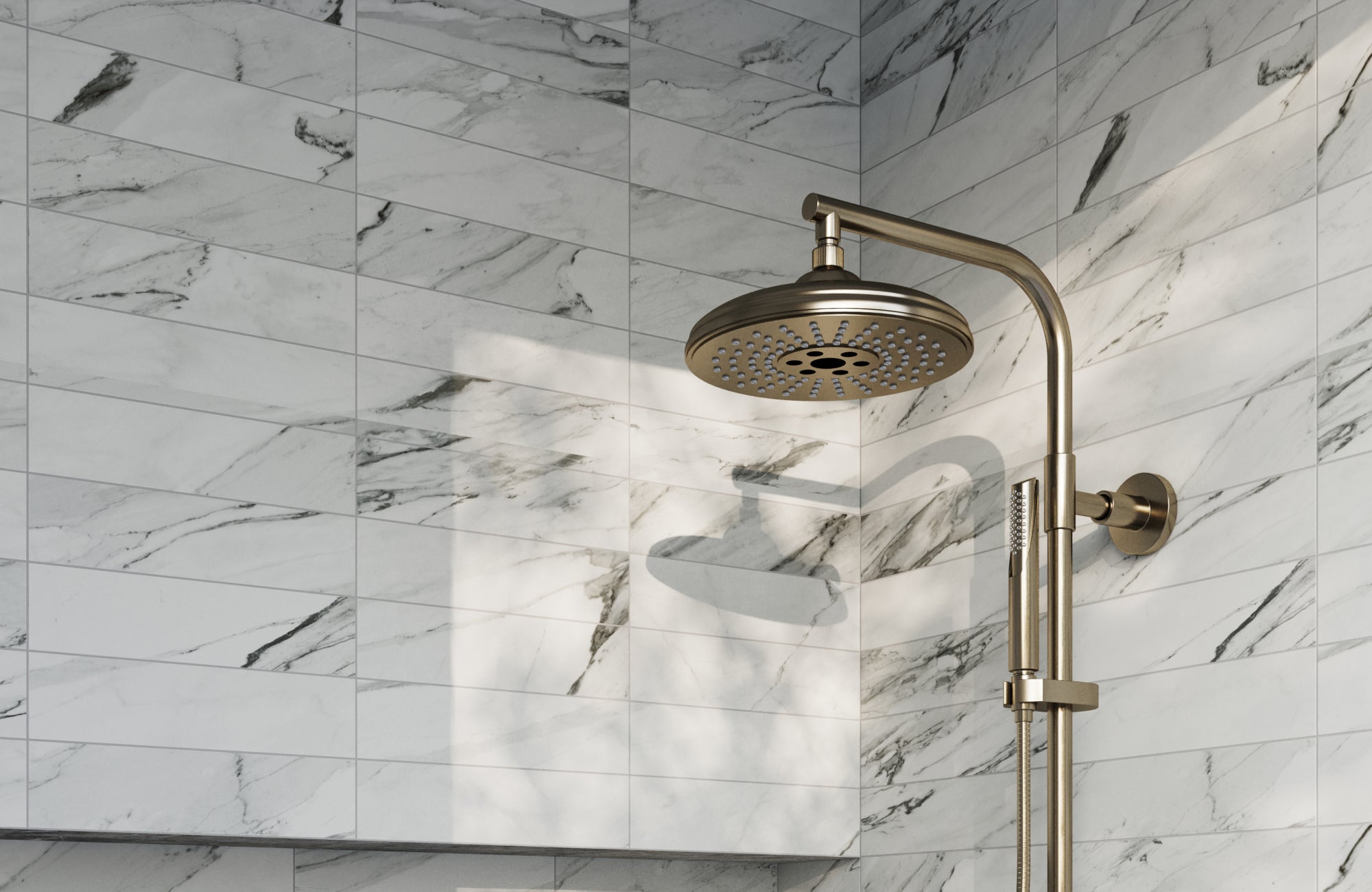 Luxurious marble-look tiles with soft veining in white and gray, creating an elegant, spa-like shower ambiance.