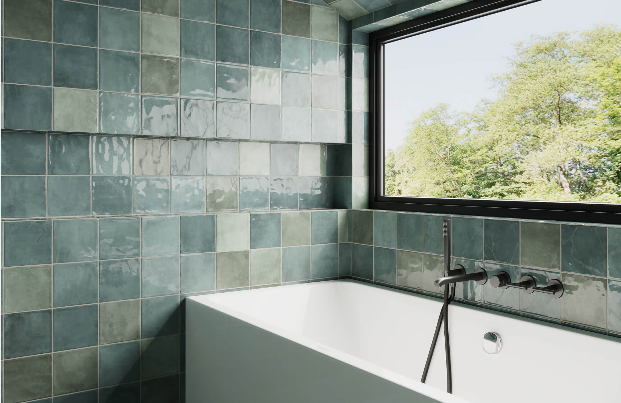 Glossy teal and aqua square tiles create a serene, spa-like vibe in this bathroom, beautifully complemented by a large window framing lush greenery. 