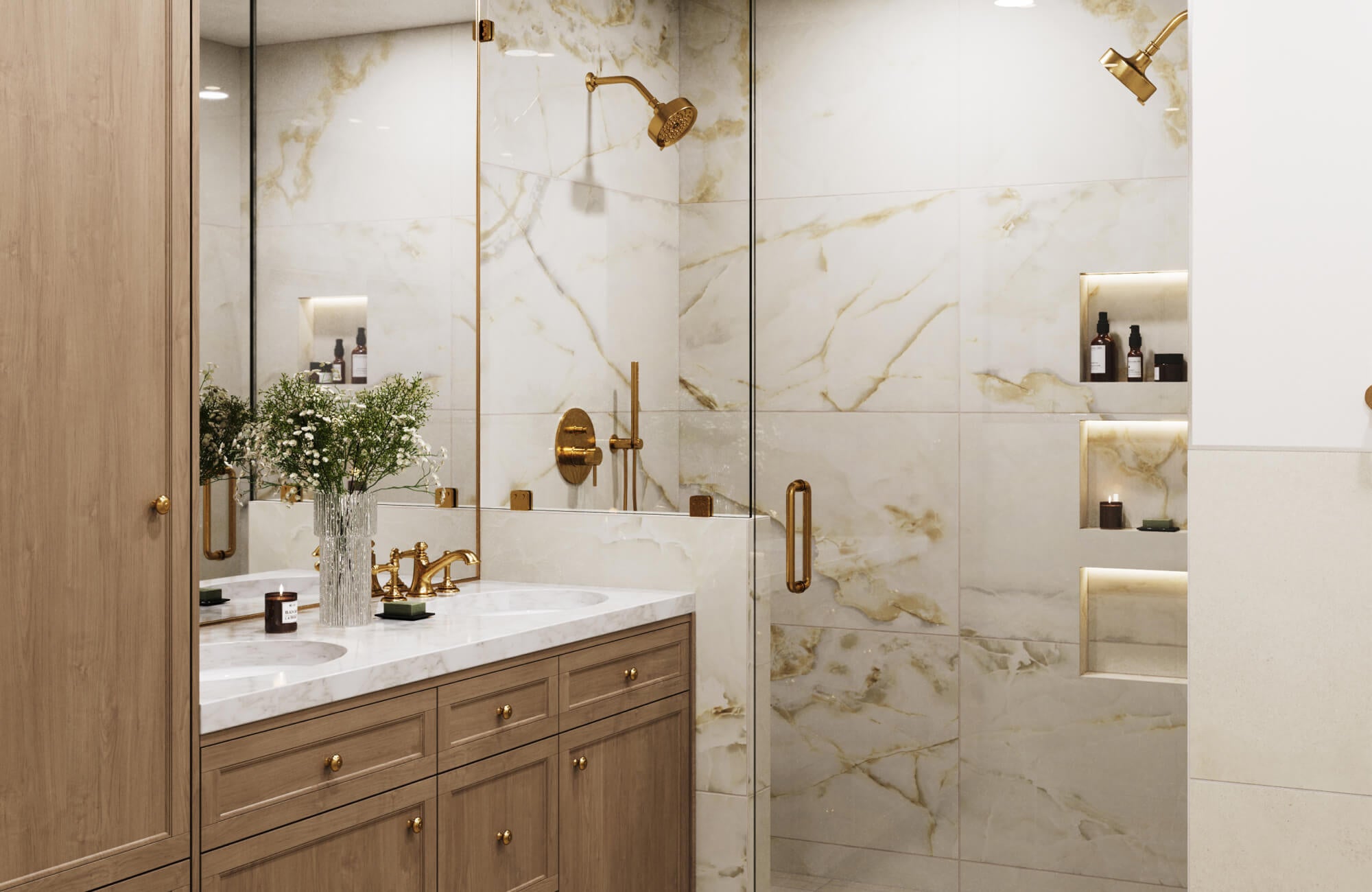 Luxurious bathroom featuring gold-accented fixtures paired with onyx look wall tiles in soft ivory tones, creating a sophisticated and serene ambiance.