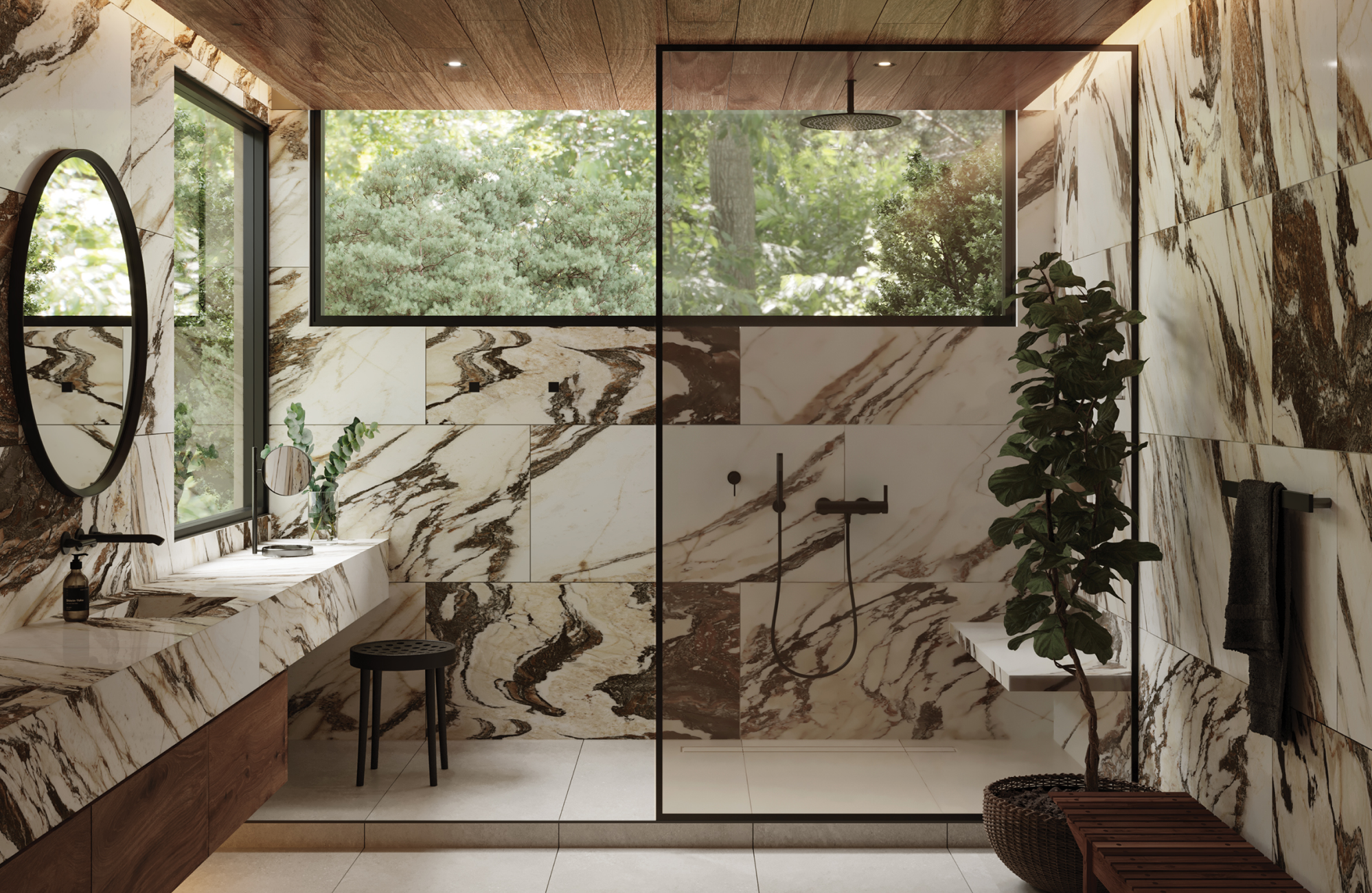 Luxurious bathroom with bold brown-veined marble tiles, floor-to-ceiling windows framing lush greenery, and dark wood accents, creating a seamless blend of nature and elegance.