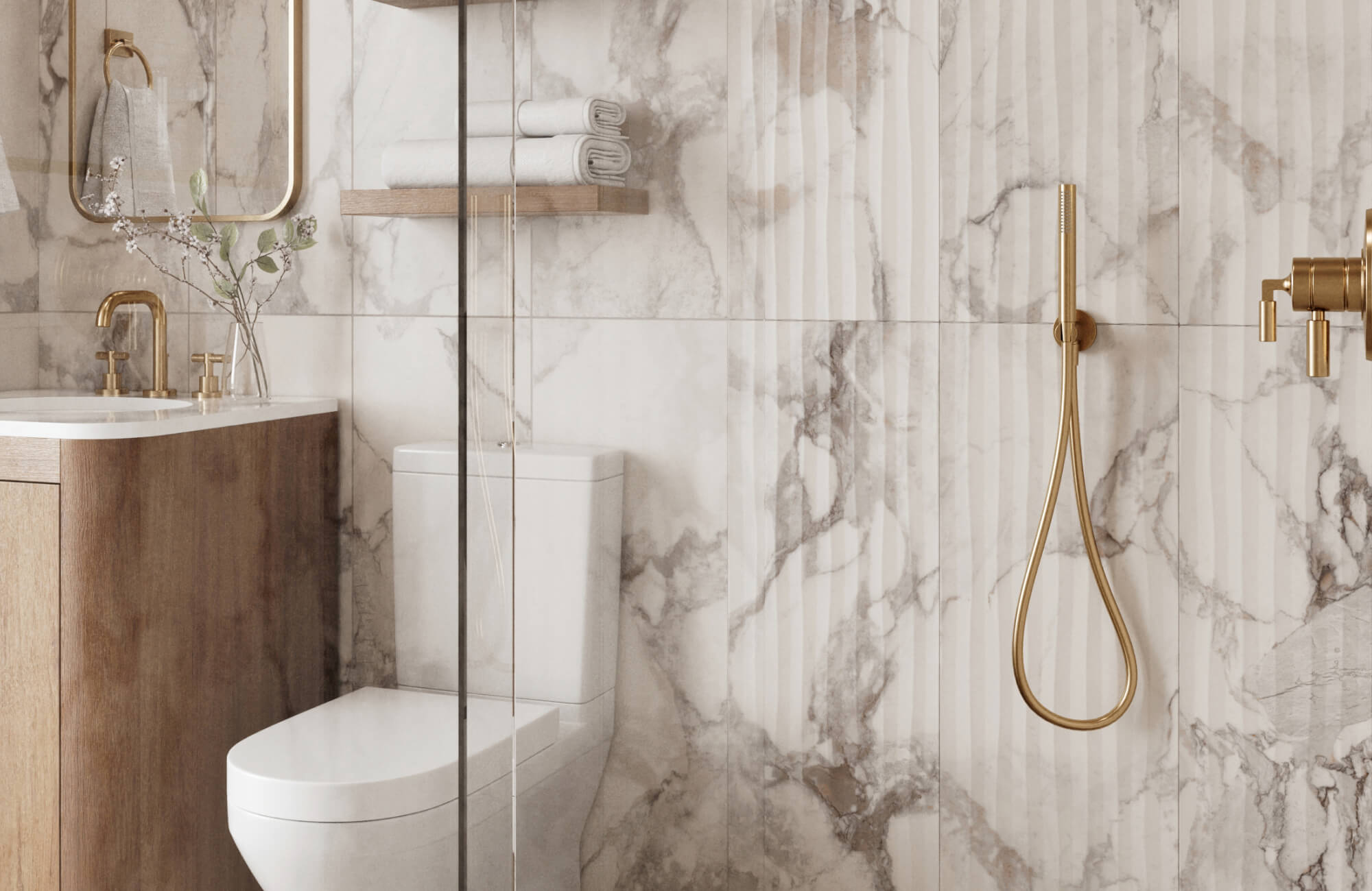 A sophisticated bathroom showcasing marble look tiles with subtle veining, paired with gold fixtures and warm wood accents for refined elegance.