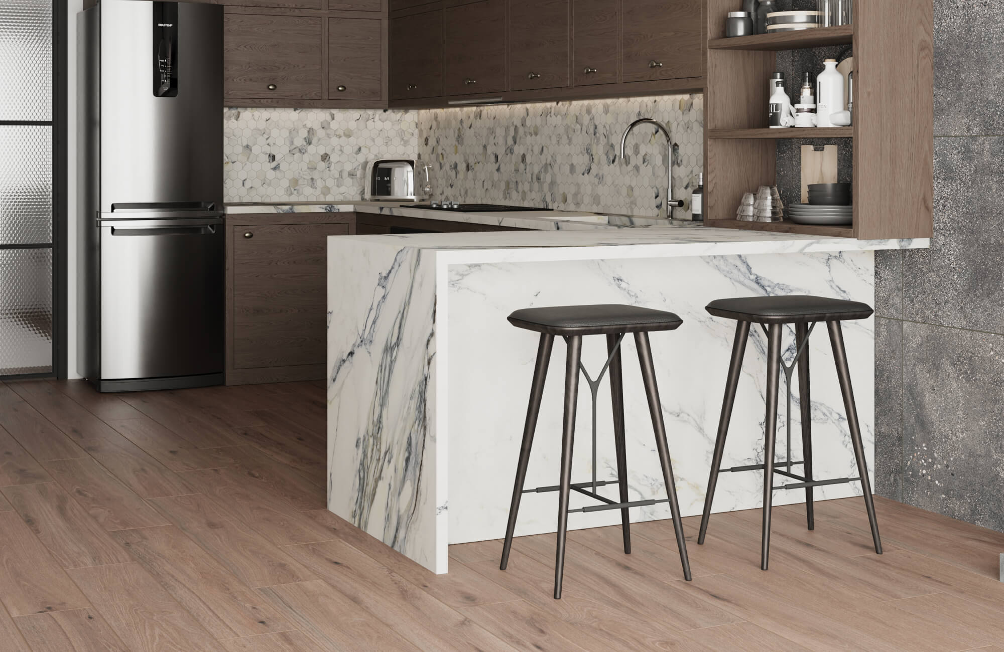 Modern kitchen with rich wood-look tile flooring, a marble island, and sleek stainless steel accents, combining warmth and luxury.