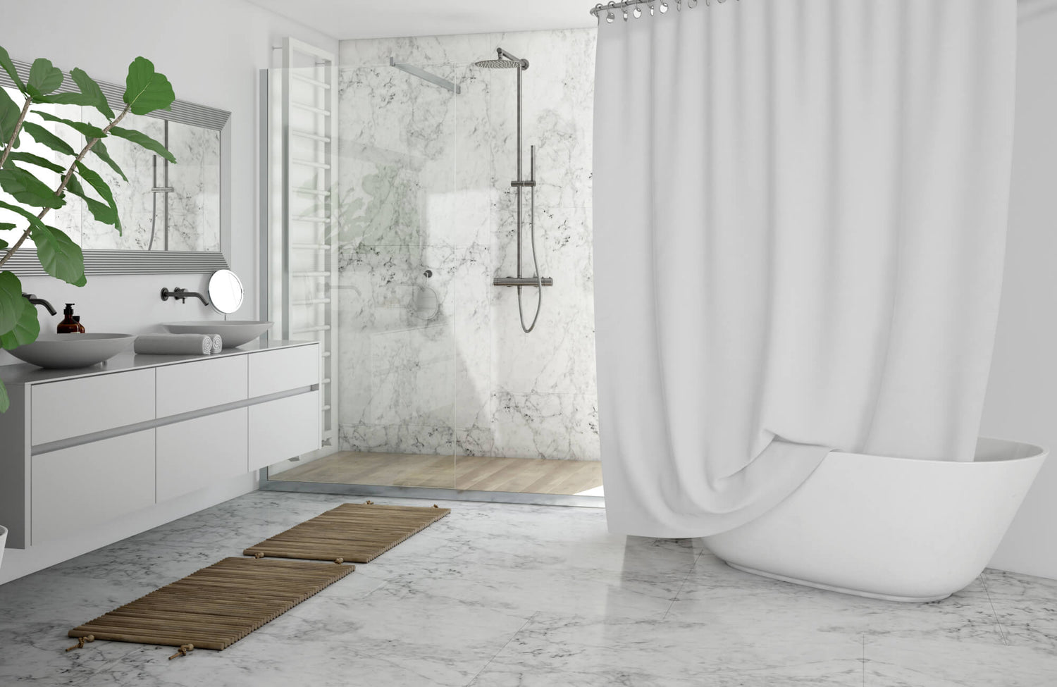 Elegant bathroom with white marble tiles, freestanding tub, and glass shower, exuding a serene, luxurious ambiance