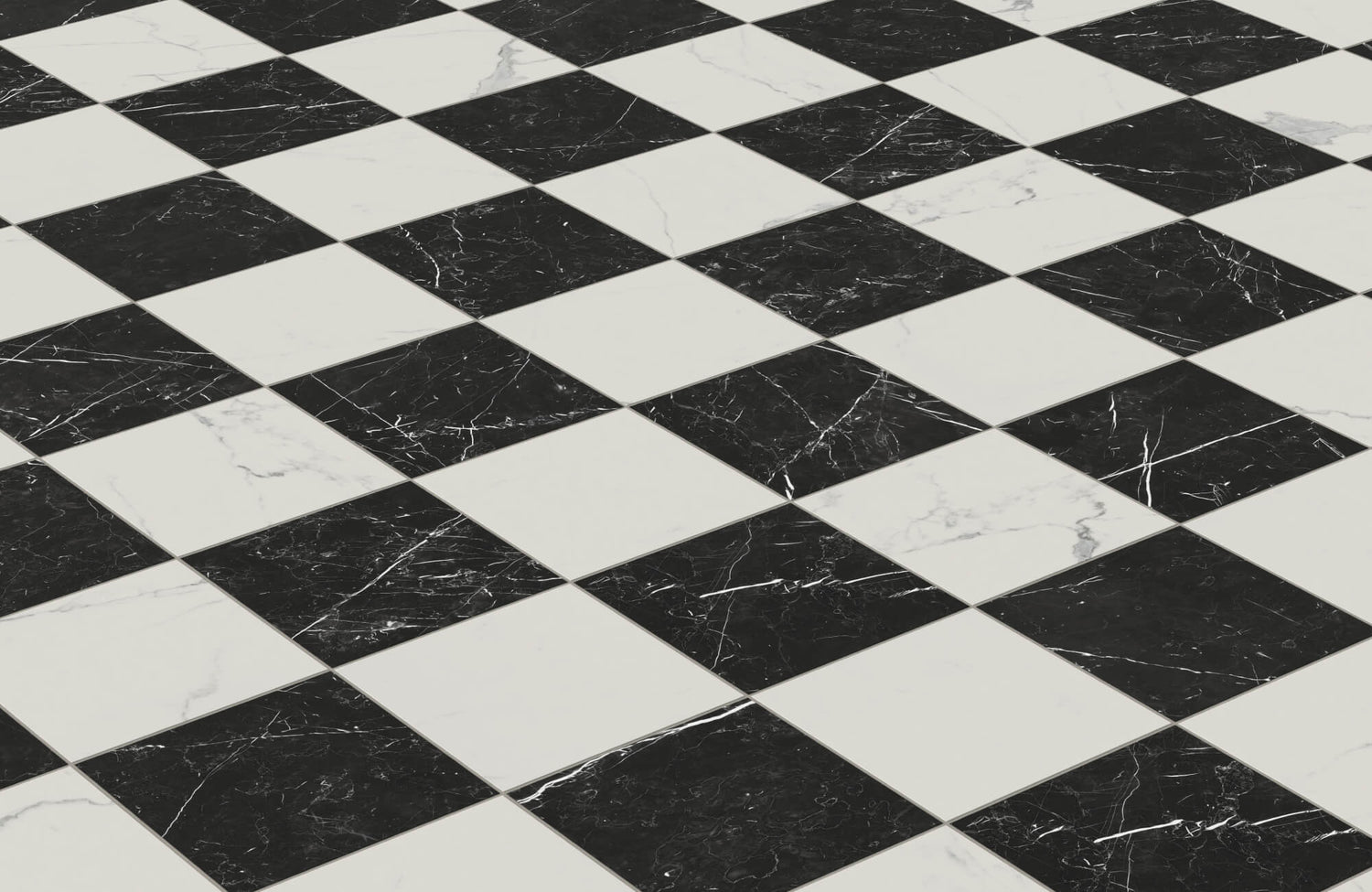 Classic black and white checkerboard floor tiles with a marble look, exuding timeless elegance and sophistication