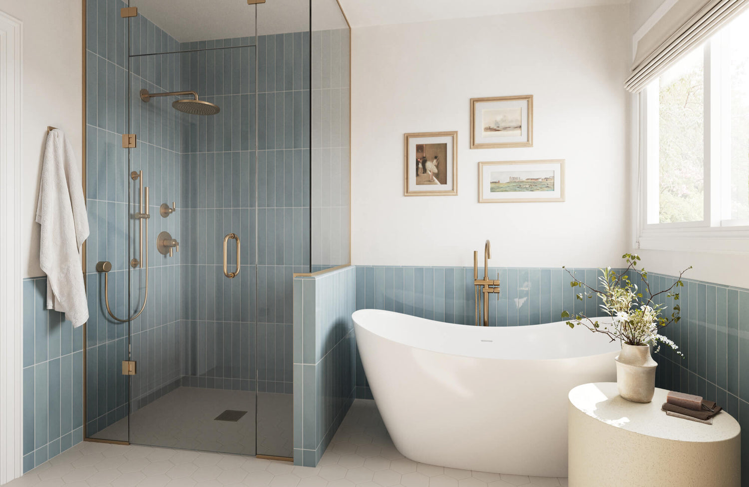 Serene bathroom with soft blue vertical subway tiles, glass shower, freestanding tub, and brass fixtures, blending modern style with spa-like tranquility.