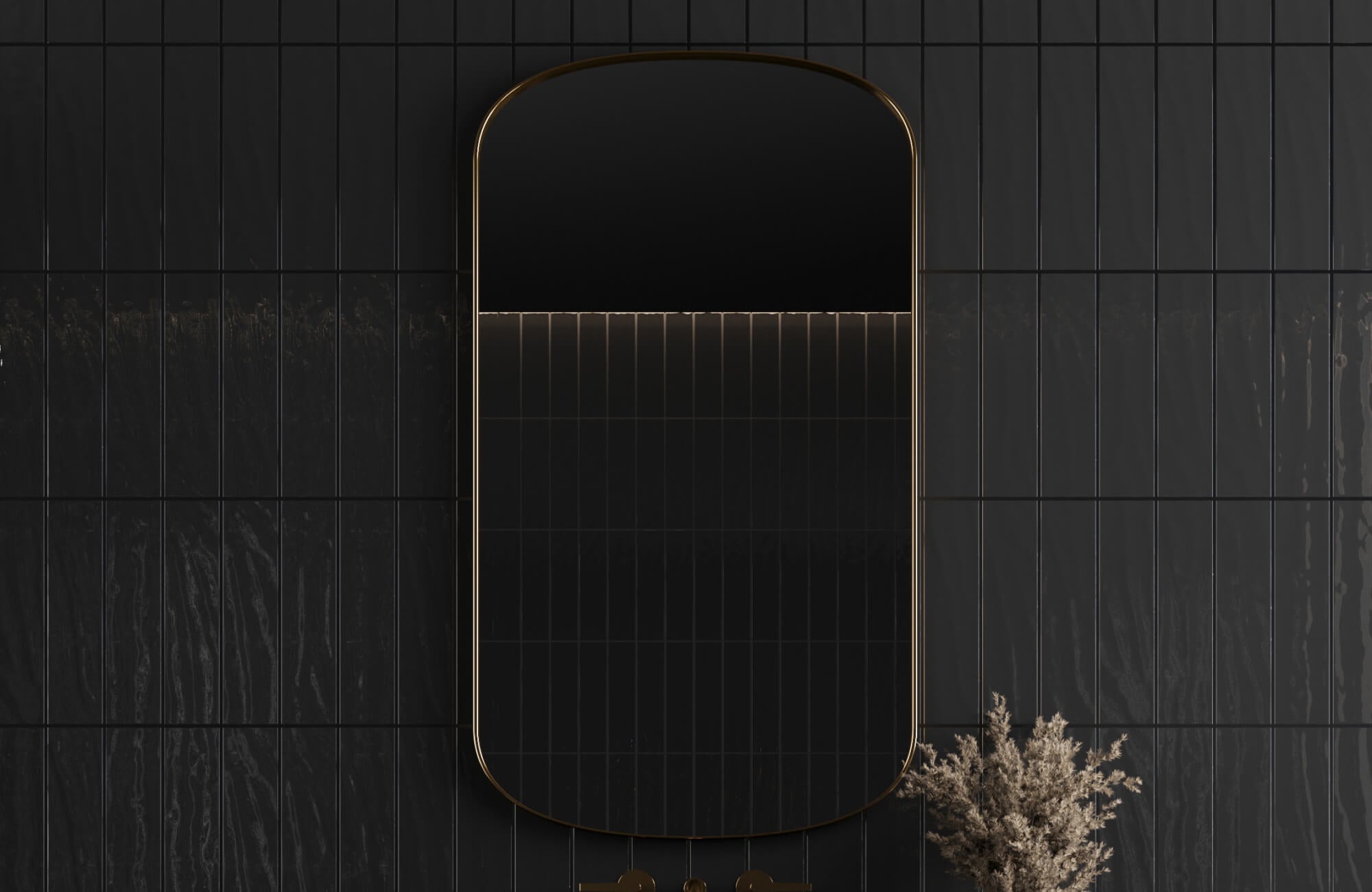 Modern bathroom featuring glossy black vertical subway tiles, a large oval mirror with gold trim, and minimalistic decor for a sleek, contemporary look.