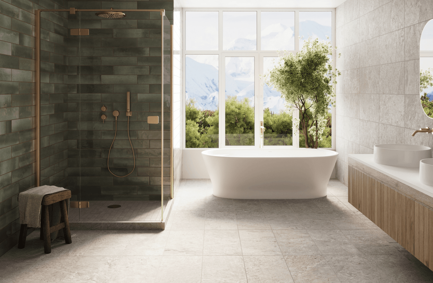 A serene bathroom featuring earthy green subway tiles in the shower, neutral stone-look flooring, and a freestanding tub with a view of lush greenery and mountains.