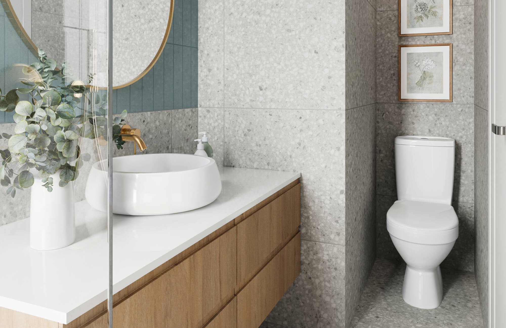 Contemporary bathroom featuring gray terrazzo tiles, a sleek wood vanity, and accents of teal and gold for a modern aesthetic.