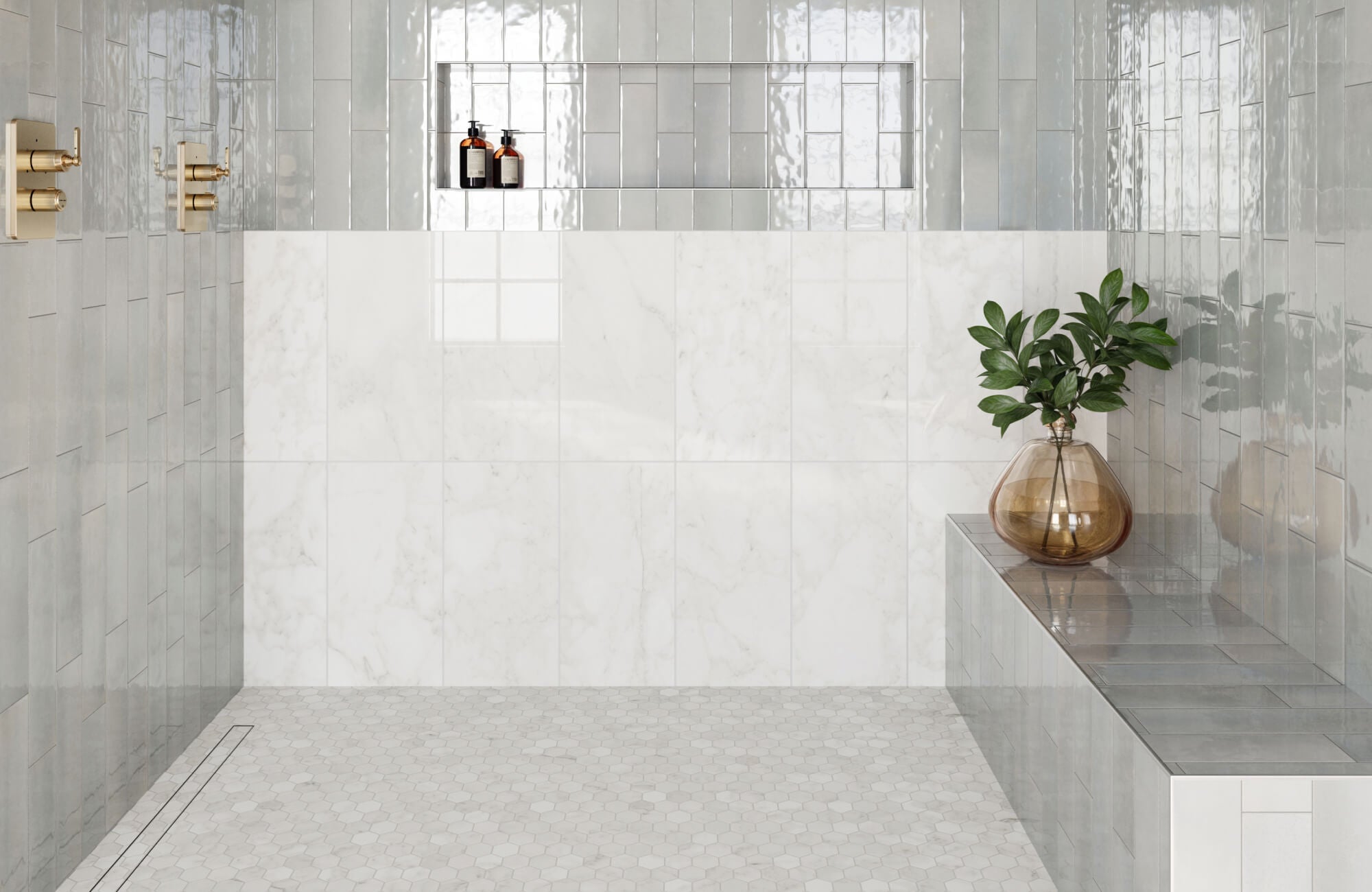 Elegant marble-like subway tiles in a serene bathroom setting