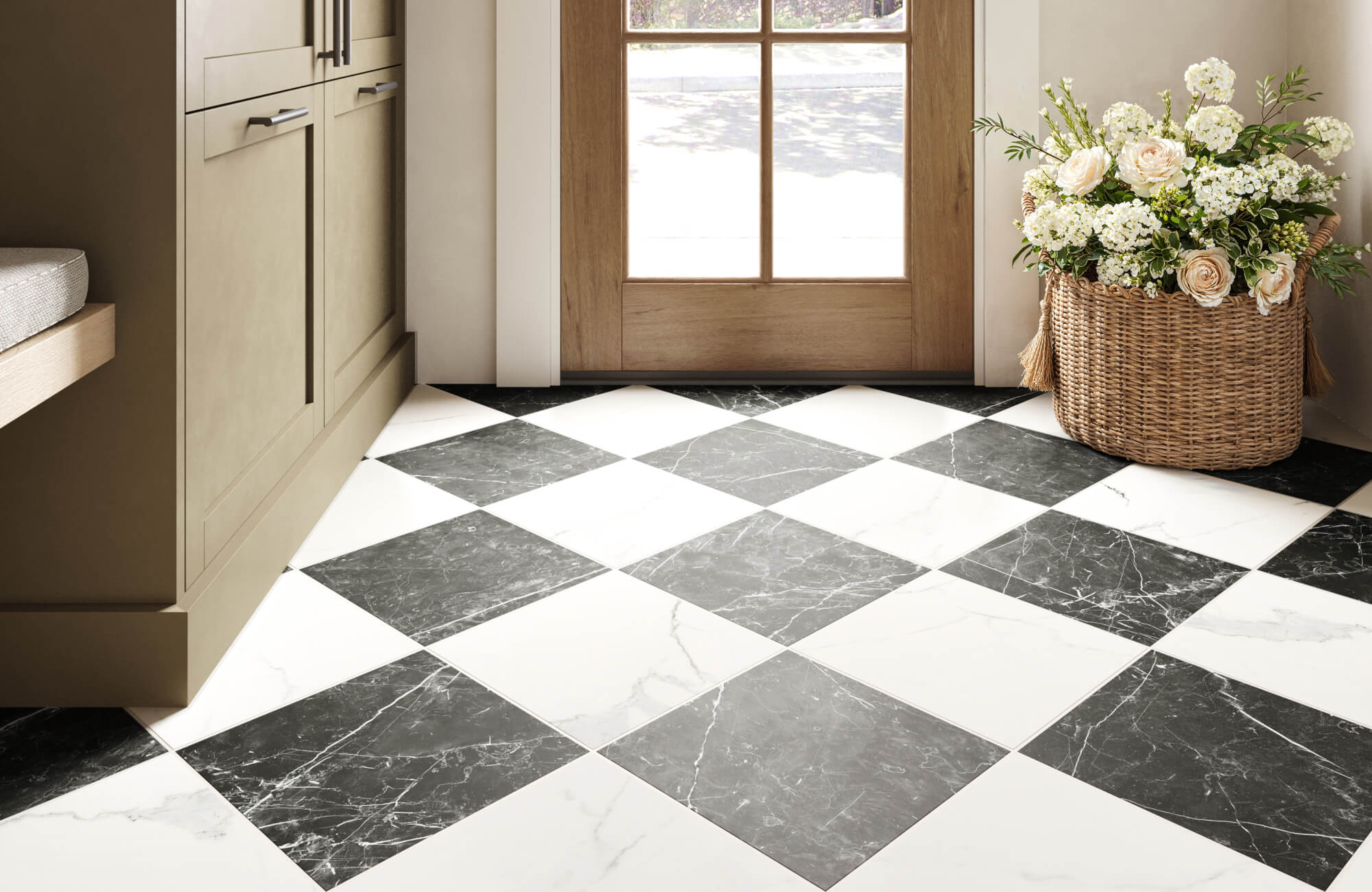 Black and white checkerboard floor tiles with a marble finish enhance this cozy space, adding timeless elegance and sophistication.