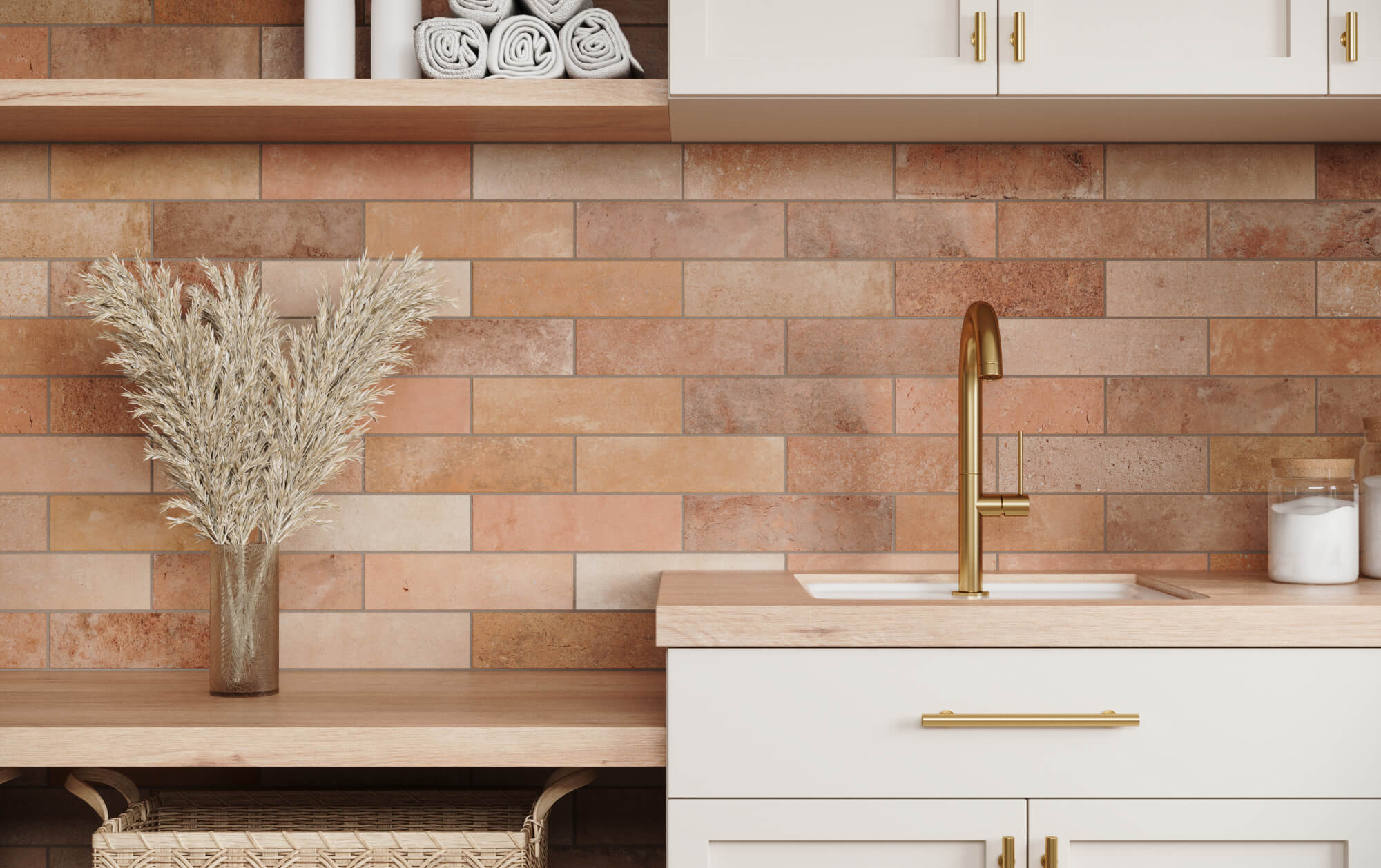 Charming laundry room with rustic terracotta subway tiles, wooden countertops, and brass fixtures, offering a warm and inviting atmosphere.