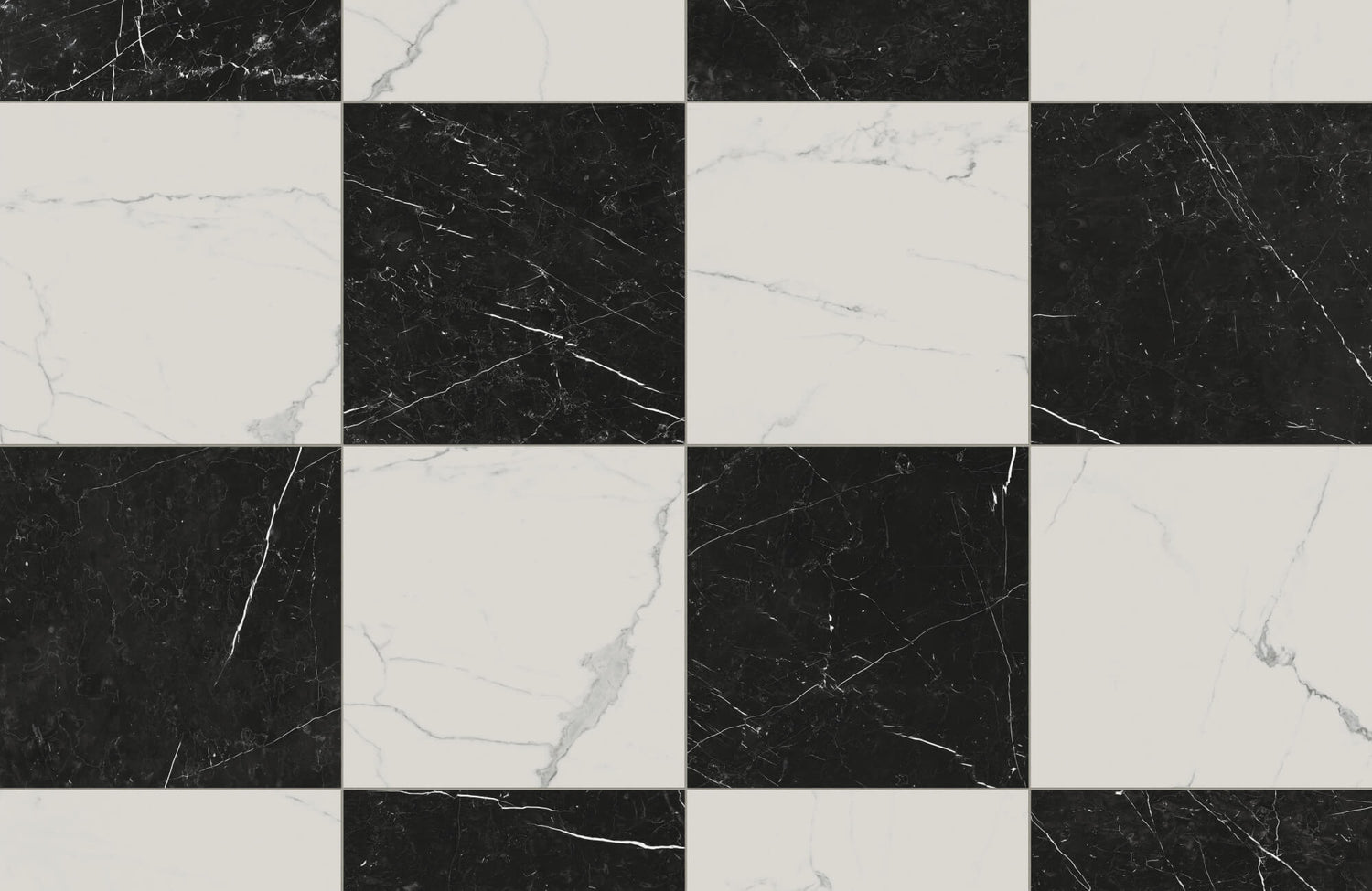 Luxurious checkerboard pattern of 24x24 matte porcelain tiles, featuring striking Calacatta and Nero Marquina marble-look design for timeless elegance.