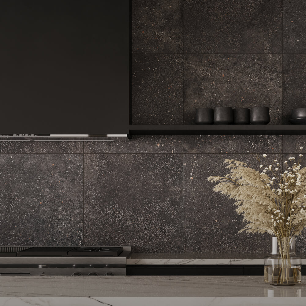 Sleek terrazzo look Black Kitchen Tile in a luxe contemporary kitchen setting.