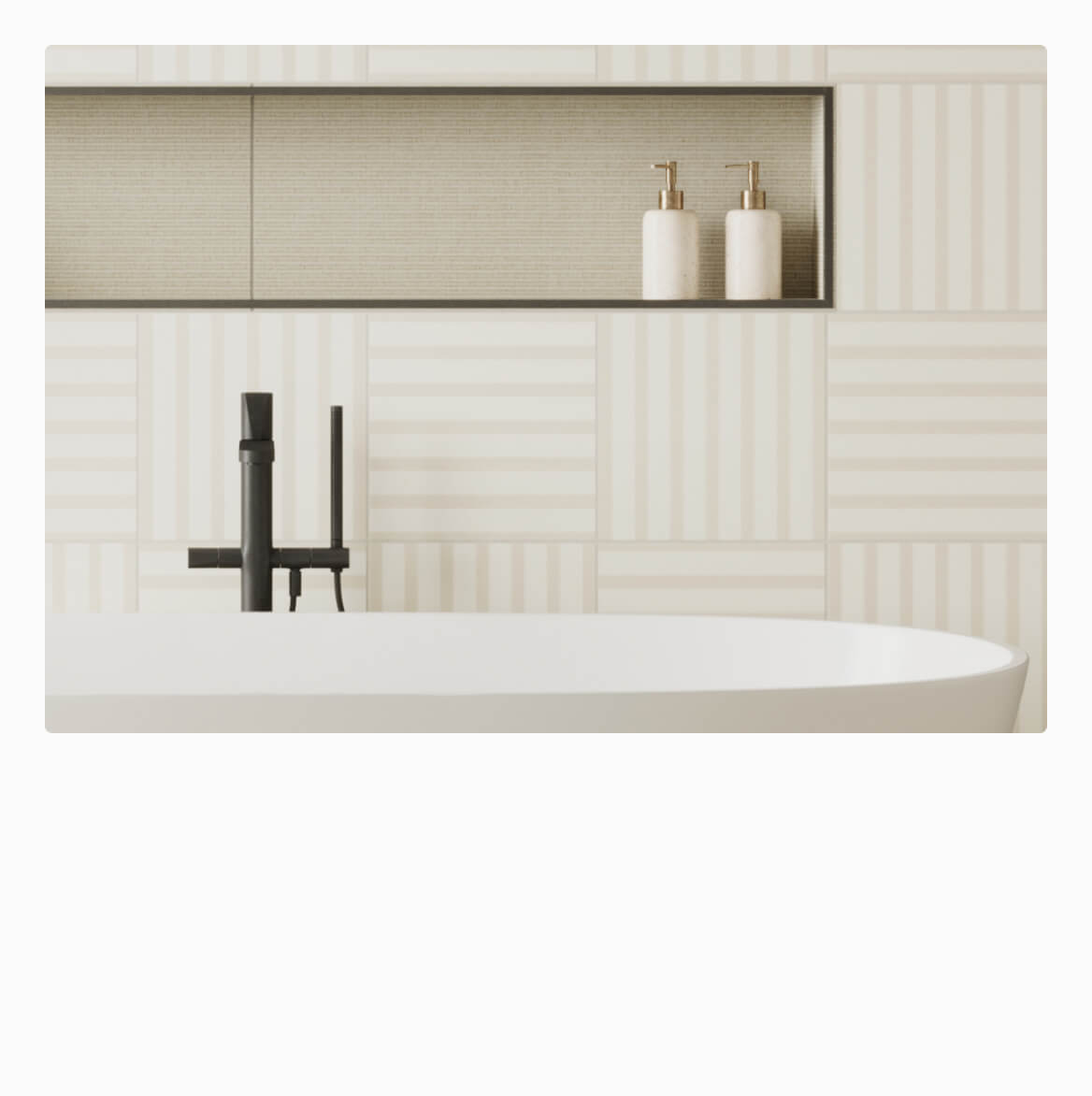 Minimalist bathroom featuring soft beige striped tiles with a sleek, modern faucet and elegant soap dispensers on a clean white countertop