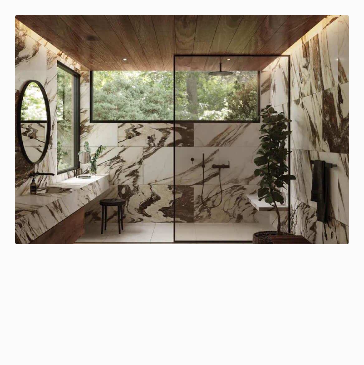 Opulent bathroom showcasing dramatic veined 24x48 tiles in a tranquil setting