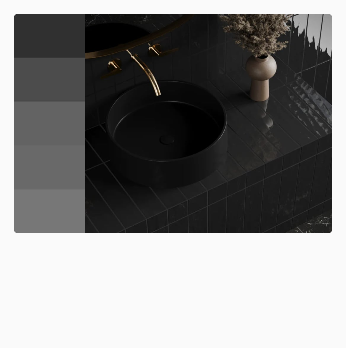 Sleek black bathroom tiles create a modern and luxurious setting, complemented by a matte black vessel sink and gold faucet