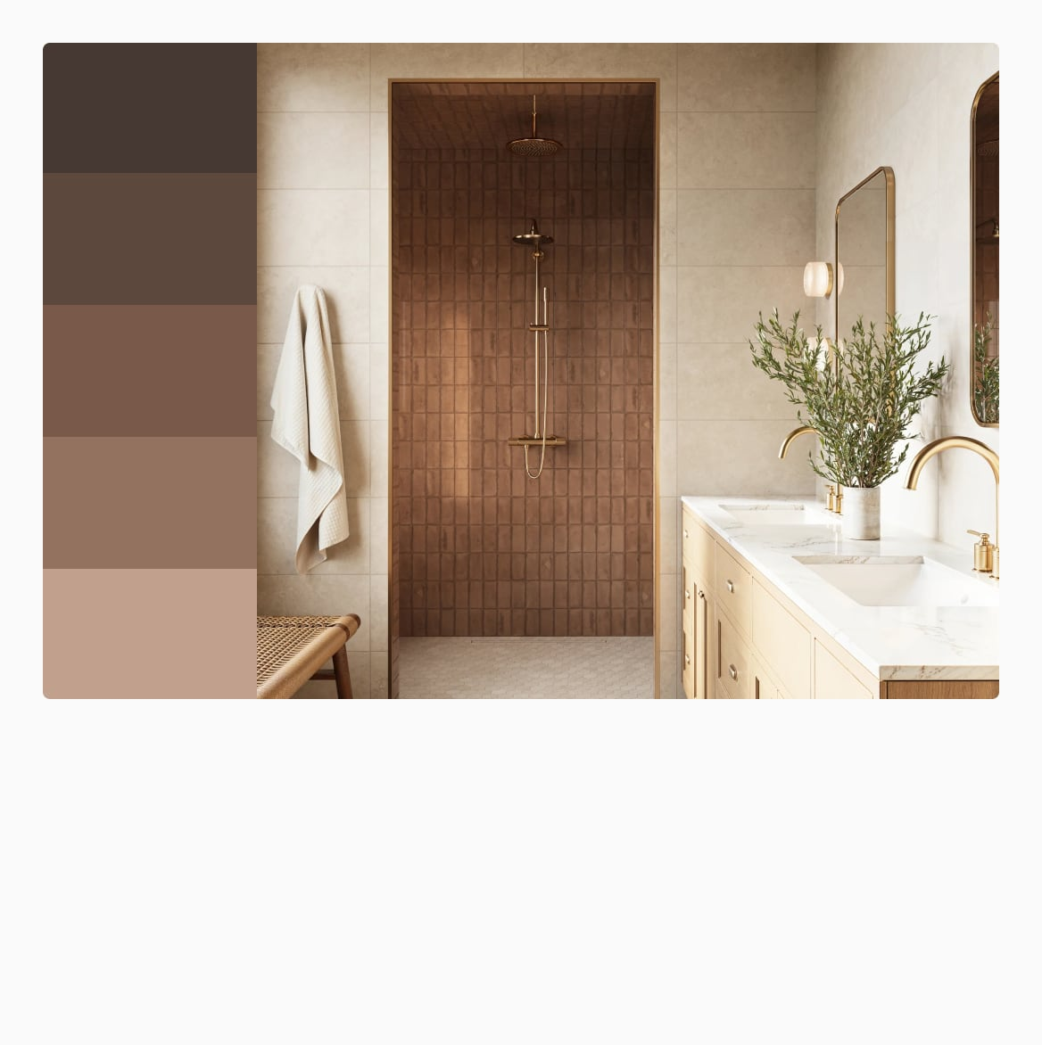 Warm brown bathroom tiles create a cozy and inviting atmosphere, paired with a freestanding tub and a sleek floating vanity