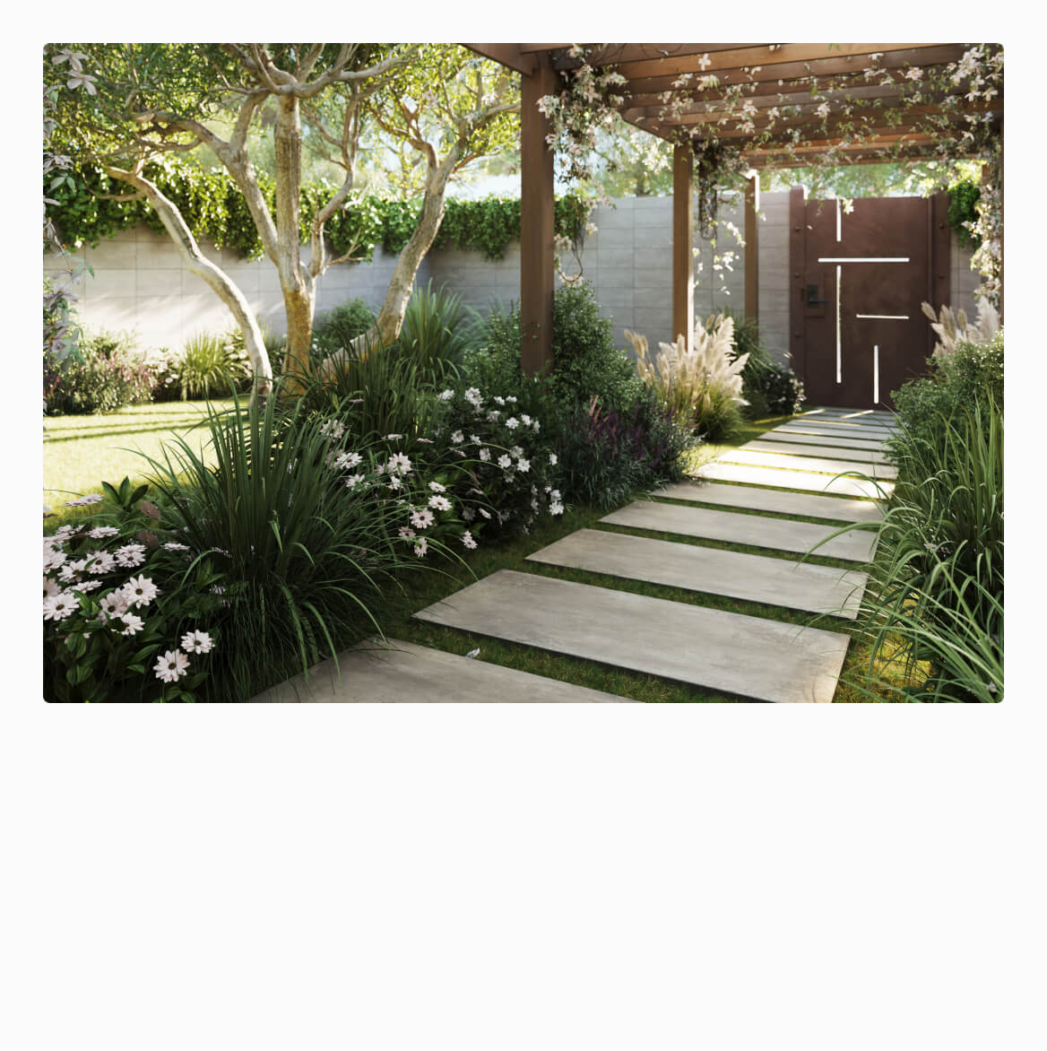 Charming garden pathway with large paver tiles, surrounded by lush greenery and delicate white flowers under a pergola