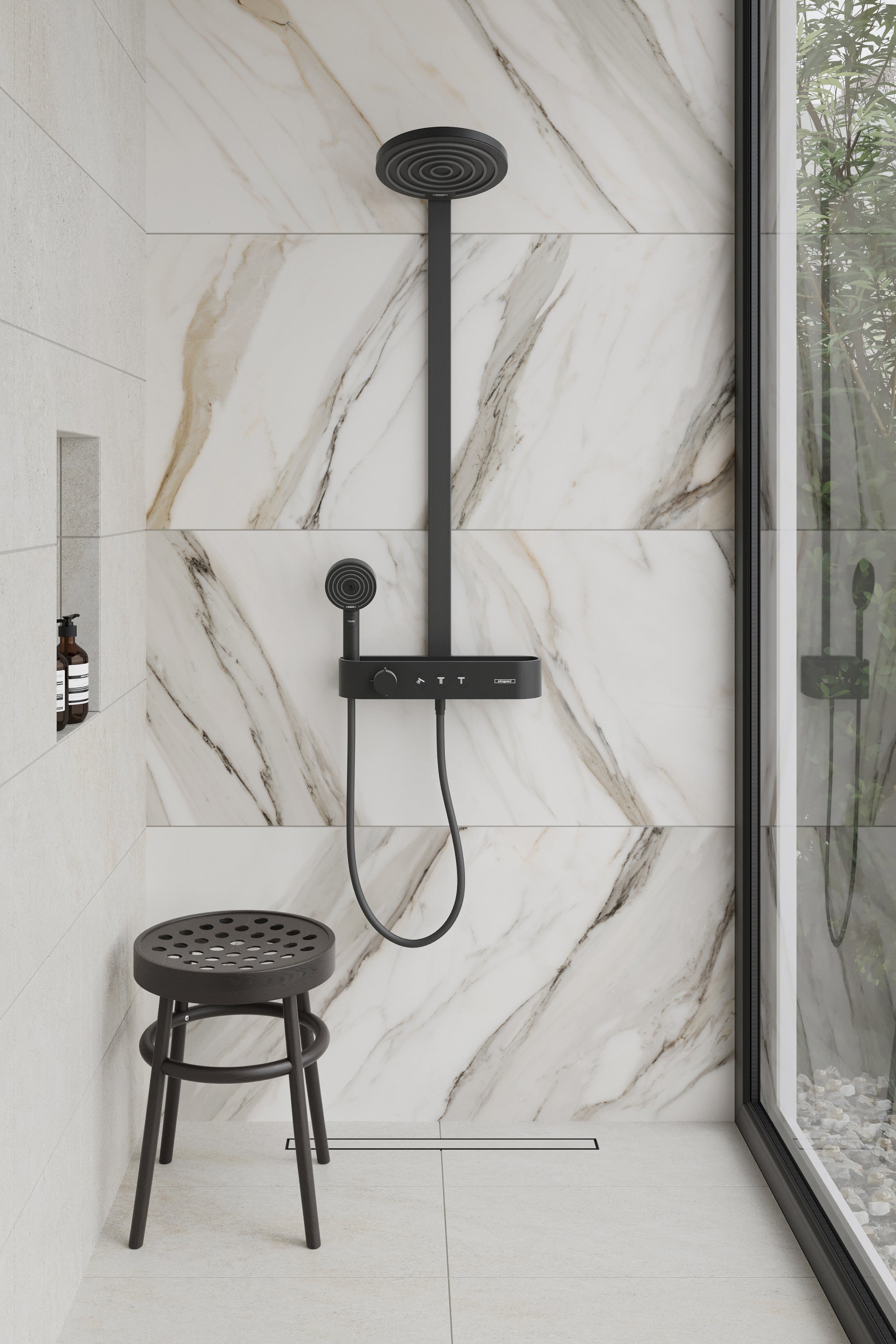 A modern luxury bathroom showcasing a shower wall adorned with 24x48 large format Aniston tiles in the sophisticated Calacatta Cremo shade, epitomizing elegance and style.