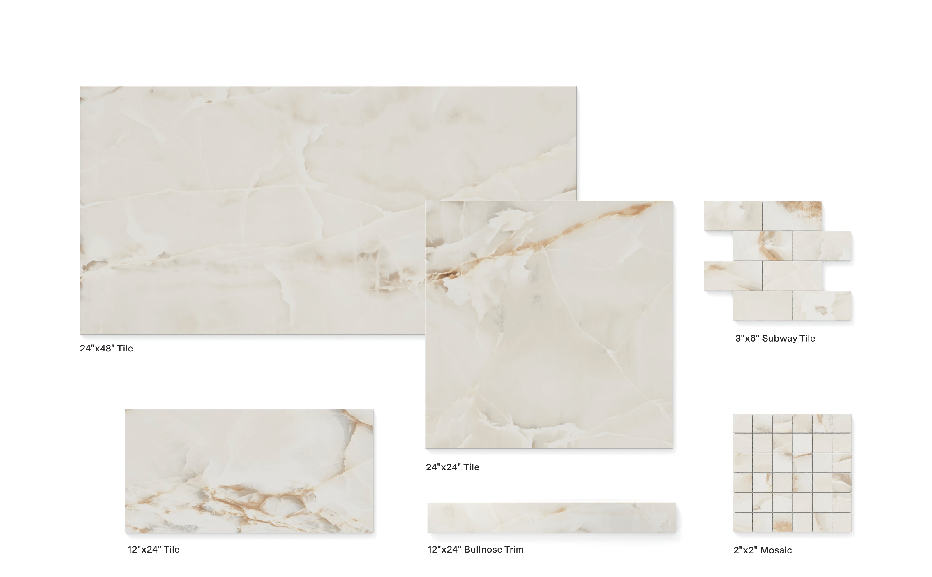 The Astrid collection in full display, offering a variety of sizes including large format 24x48 and 24x24 tiles, 12x24 tiles, 3x6 subway tiles, 3x24 bullnose trims, and detailed 2x2 square mosaics.