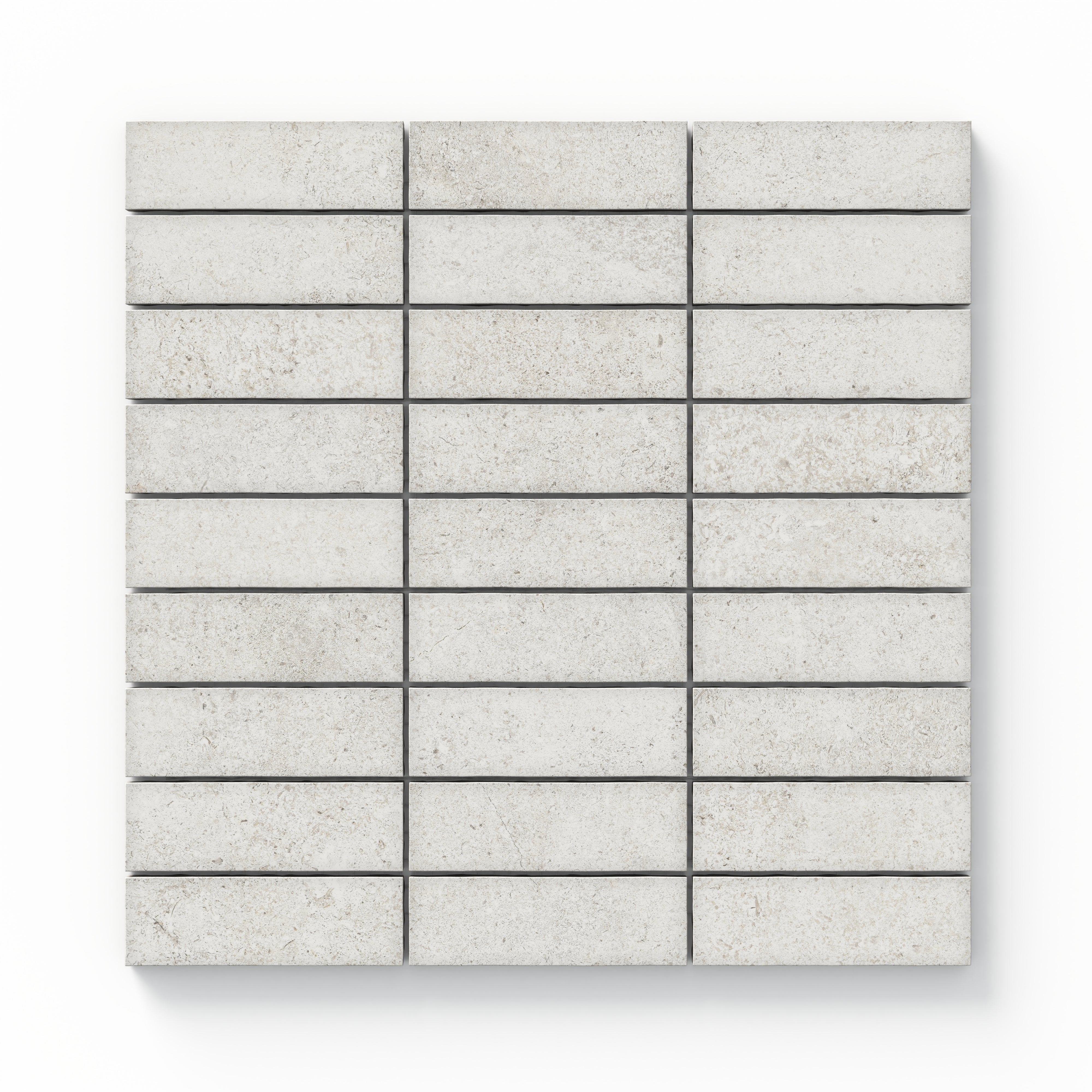 Adeline 1x4 Matte Porcelain Mosaic Tile in Sand features a soft beige hue arranged in a grid pattern, ideal for backsplashes or accent walls.