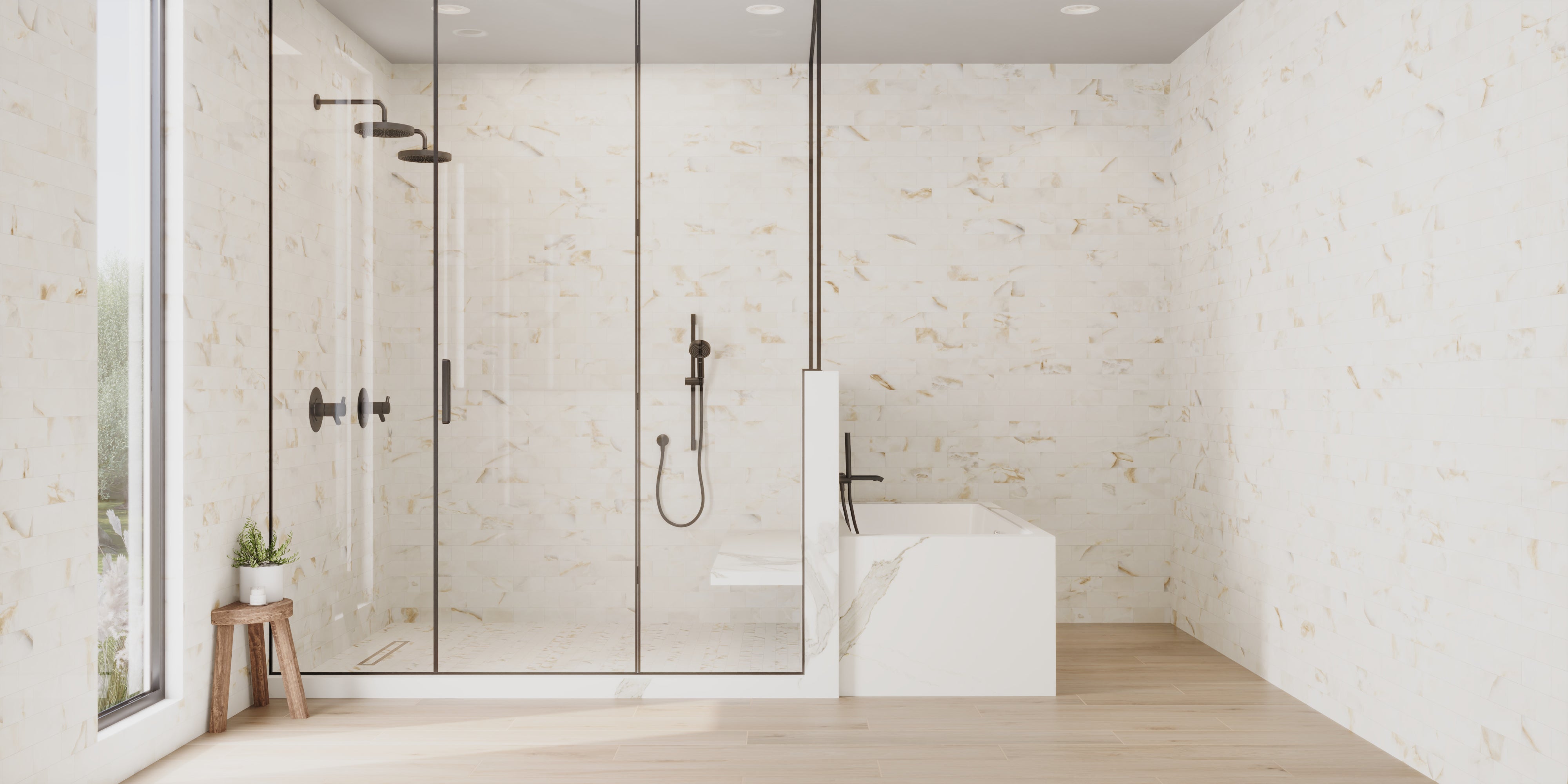 A luxurious bathroom enhanced by the sophisticated charm of 3x6 subway porcelain tiles, reflecting unparalleled elegance and modern design on every wall.