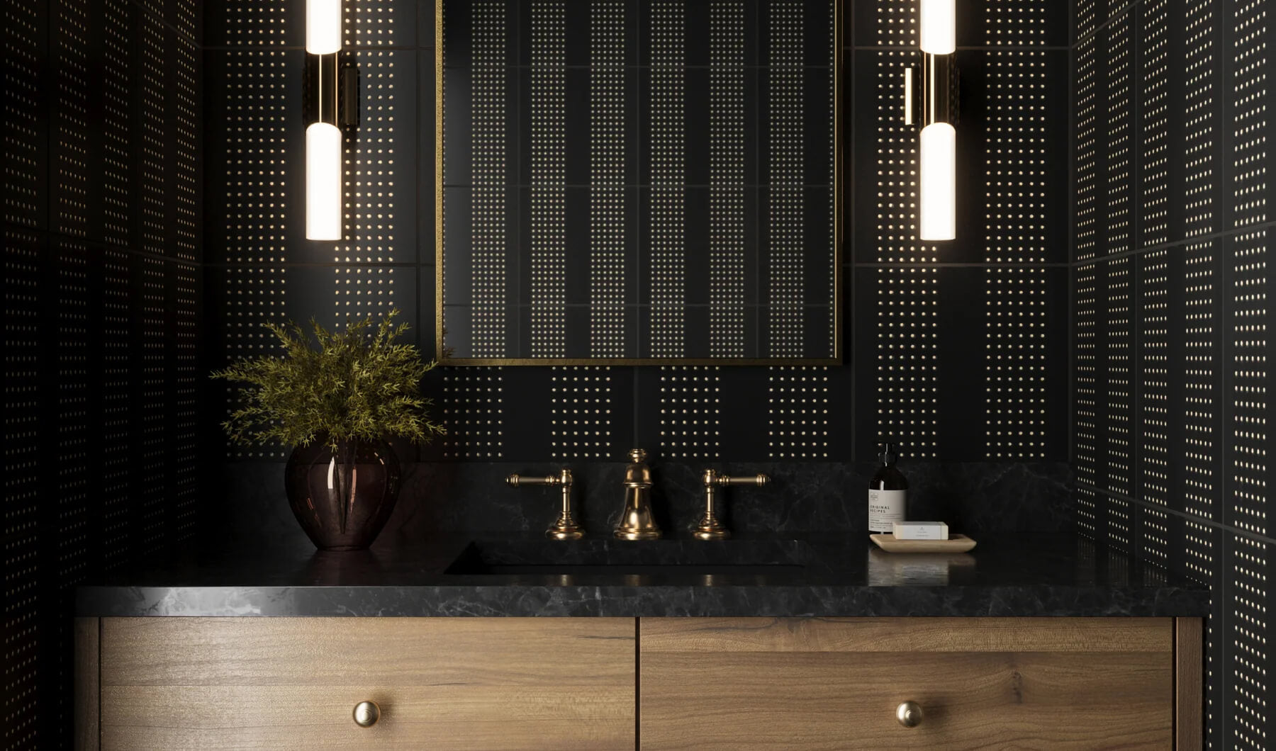 Chic bathroom vanity against a perforated black tile backdrop, exuding modern luxury