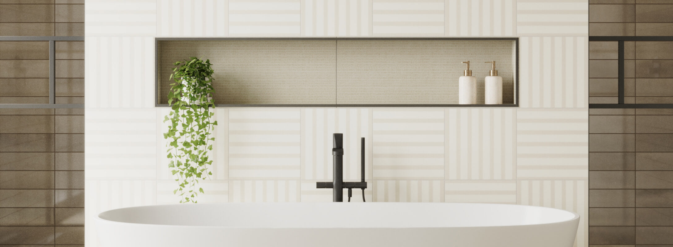 Contemporary bathroom featuring a seamless blend of cream and beige striped tiles, with a modern black faucet, elegant white soap dispensers, and a lush hanging green plant