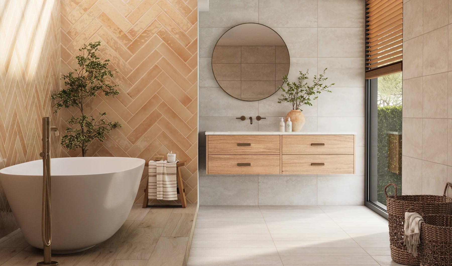 Herringbone-patterned orange tile wall casts a warm, sun-kissed glow in a tranquil, spa-like bathroom