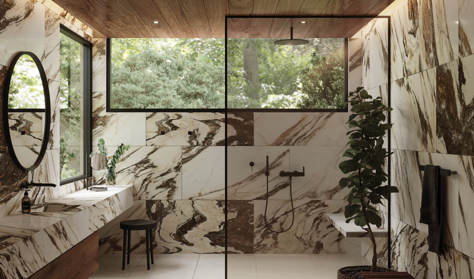 Luxurious bathroom with dramatic marble walls in swirling brown and cream hues, complemented by lush greenery and natural light