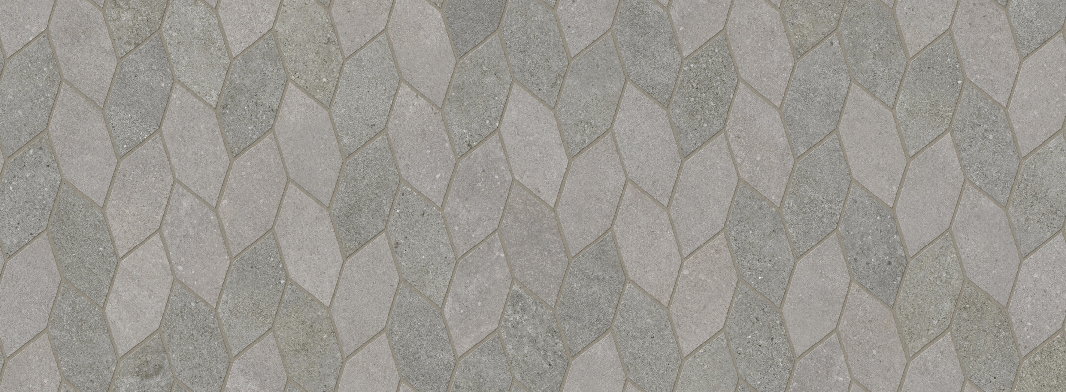 Intricately arranged dark grey mosaic tiles shaped as leaves, offering a sophisticated and dynamic surface texture