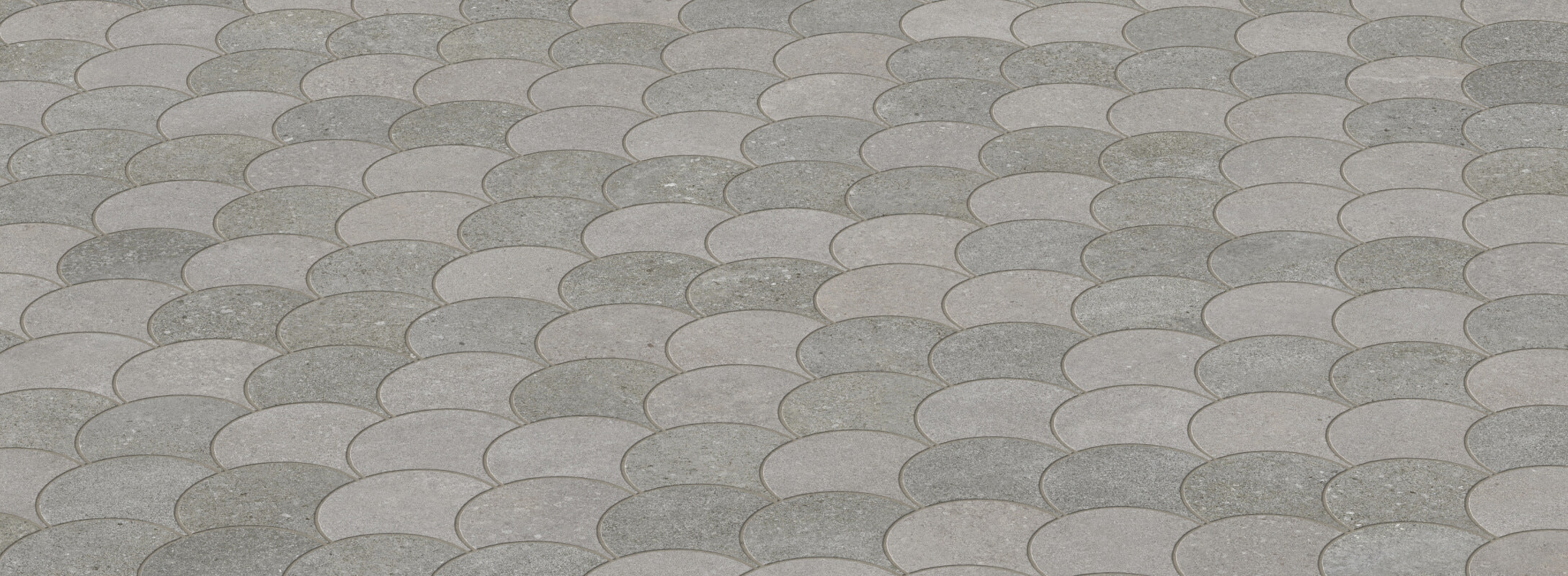 Multicolor fish scale mosaic tiles in shades of grey, perfect for a modern shower floor