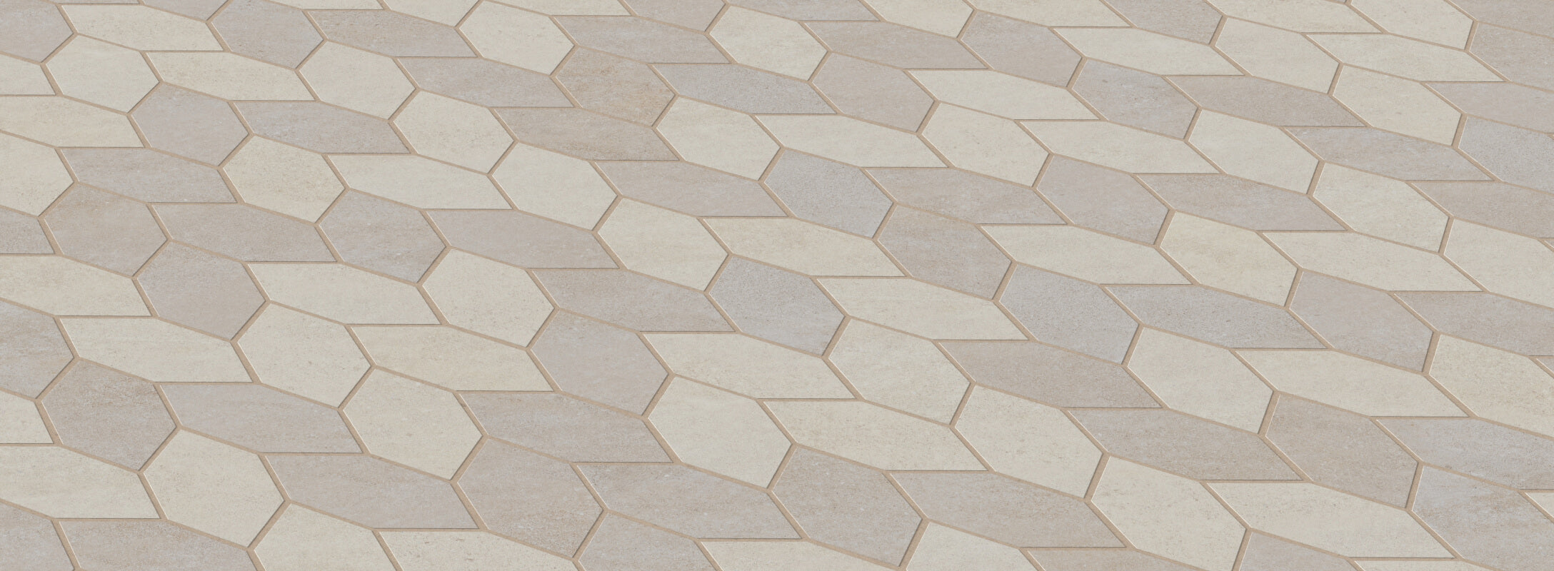 Beige and cream multicolored geometric mosaic tiles, creating a sophisticated pattern for a modern shower floor