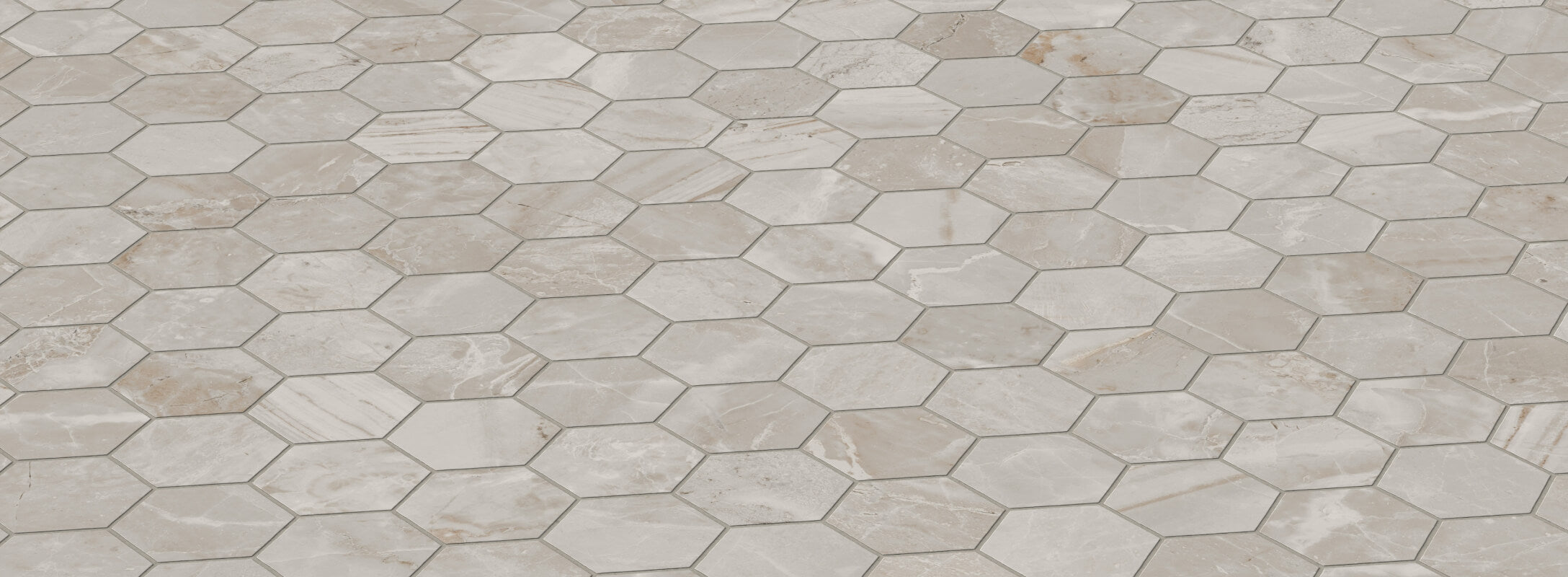 Elegant hexagonal mosaic taupe tiles with natural marbling, beautifully interlocking to create a sophisticated and timeless floor design
