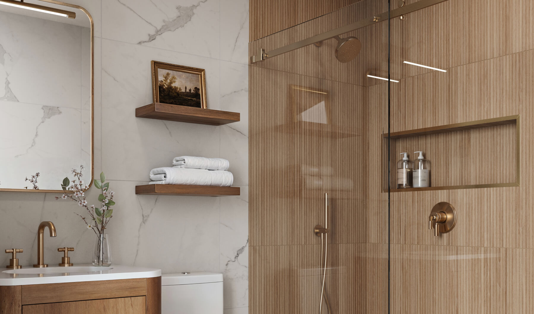 Luxurious bathroom featuring marble look tiles, textured wood look tiles on shower walls, brass fixtures, and elegant wooden shelves