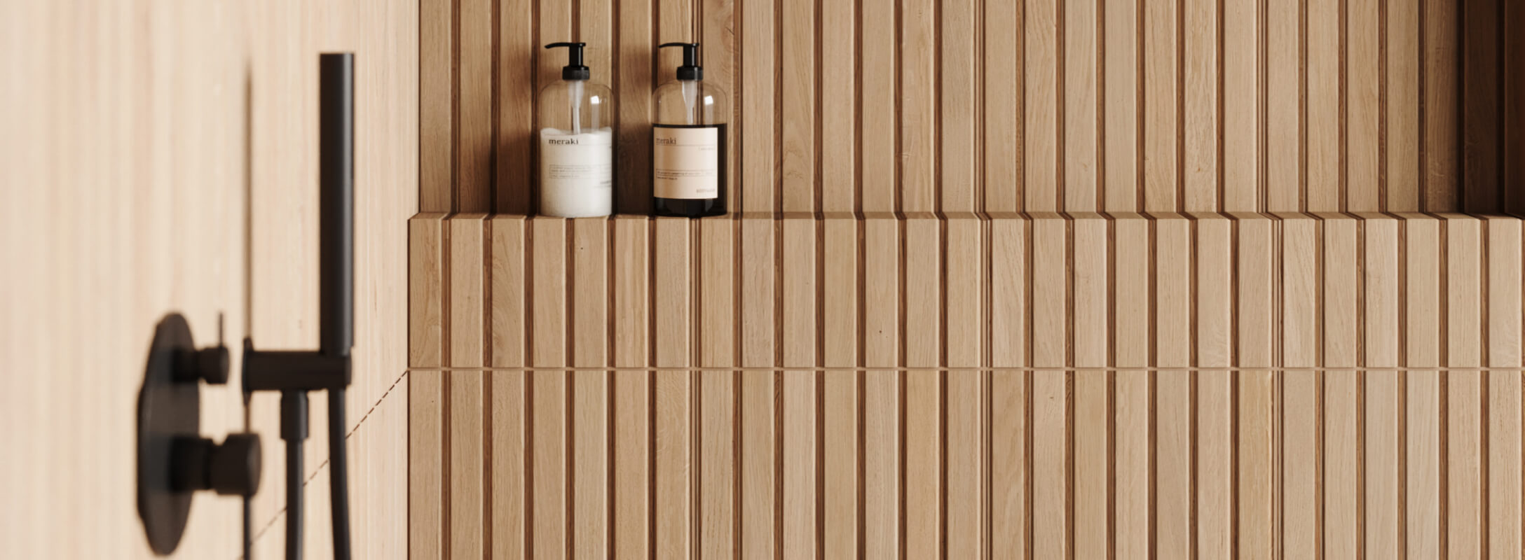 Textured wood look bathroom tile lending rustic charm to a modern shower area