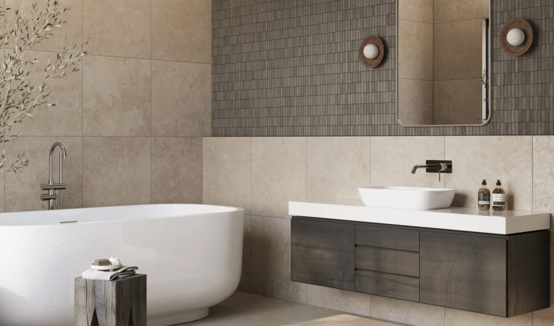 Minimalist beige bathroom wall meets contrasting textured tile accent
