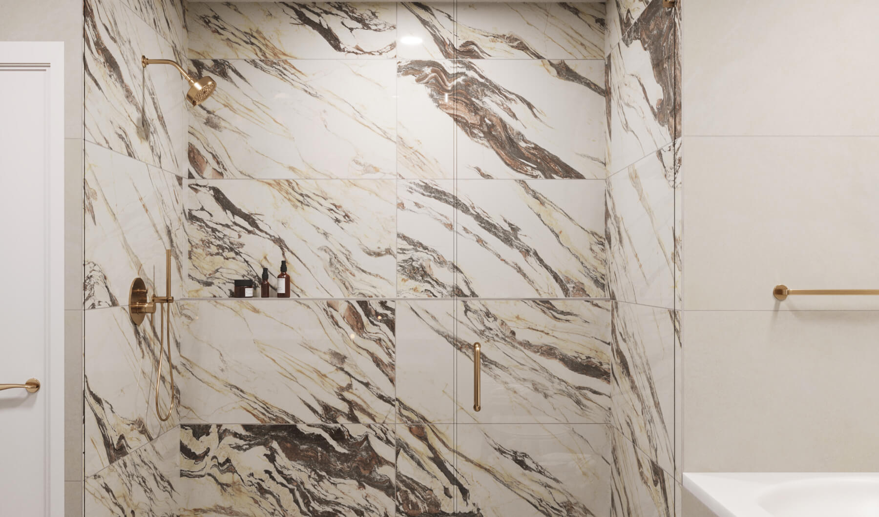 Rich brown marble veining flows through these elegant shower wall tiles, creating a sophisticated focal point for luxurious bathroom spaces