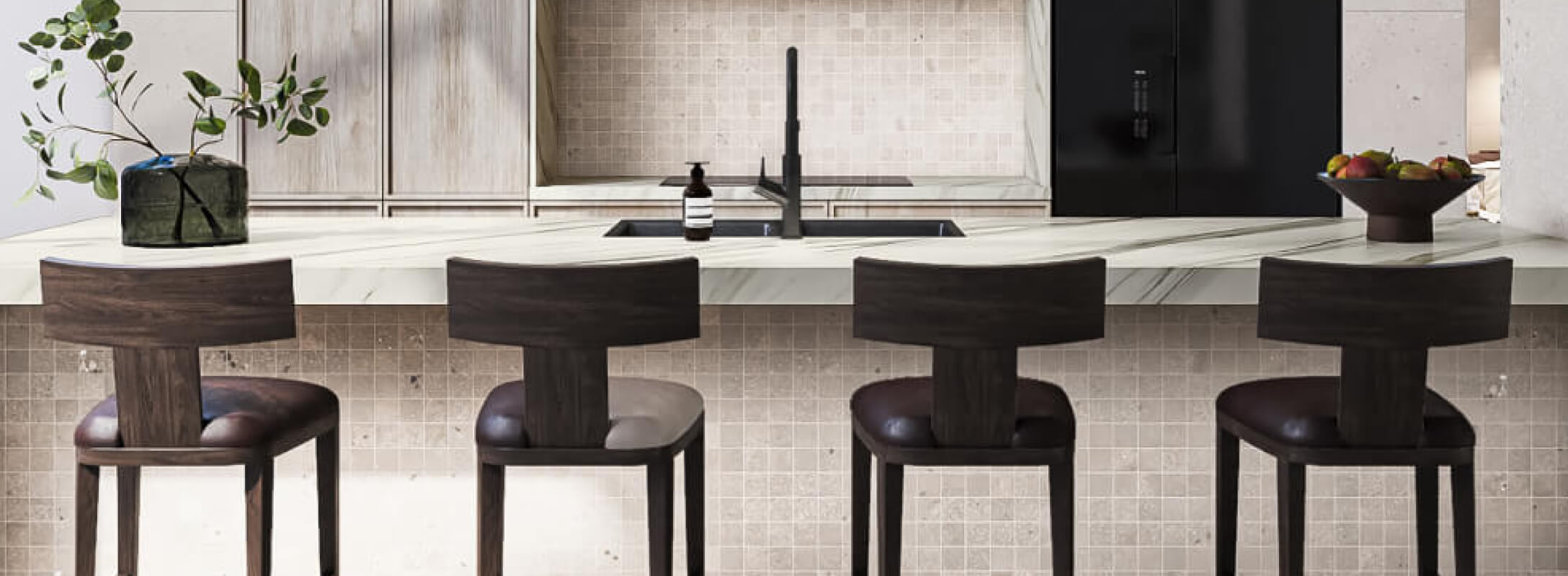 Beige mosaic kitchen tiles with a subtle sheen, creating an elegant backsplash that complements modern and minimalist kitchen designs