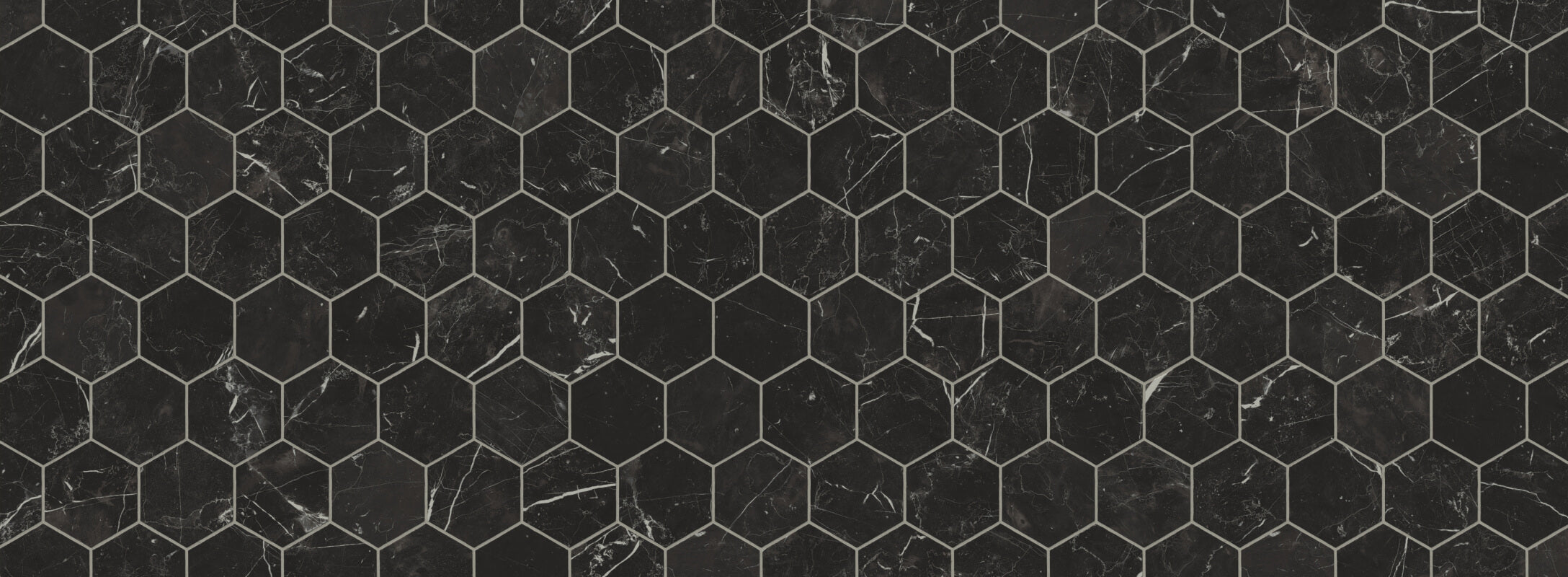 Glossy black hexagonal mosaic tiles with subtle white veining, creating a striking and sophisticated look for kitchen walls