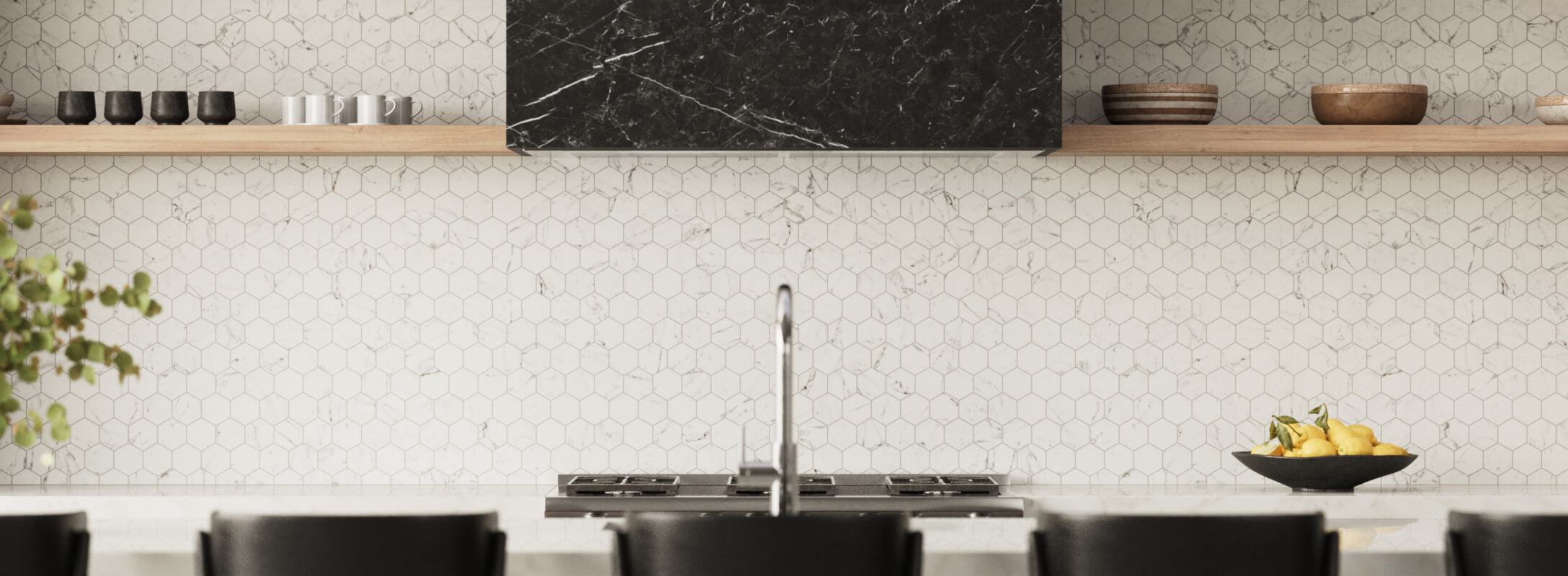 Contemporary kitchen featuring white hexagonal mosaic tiles, with wooden shelves displaying minimalist black and brown dishware, and a sleek black marble range hood