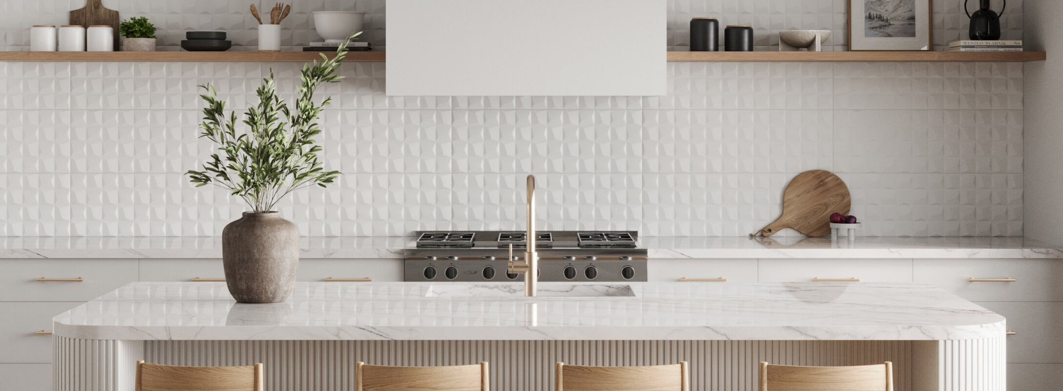 Modern kitchen featuring white textured tiles on the wall, a marble countertop island, and wooden shelves with minimalist decor