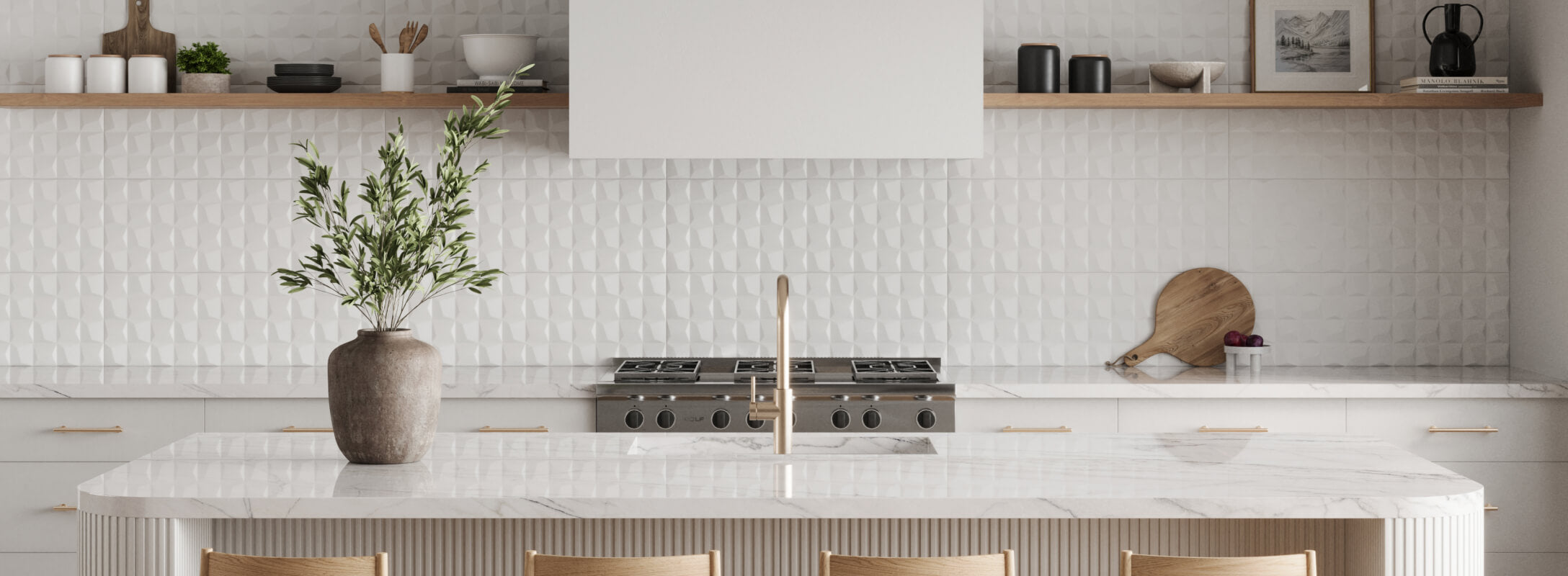 Modern kitchen with a white 3D decorative tile backsplash, marble countertops, and light wood accents, complemented by minimalist decor and open shelving