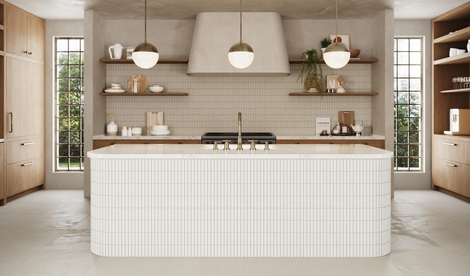 Contemporary kitchen featuring vertical subway mosaic stone look tiles, a large white island with vertical lines, natural wood cabinets, and pendant lighting