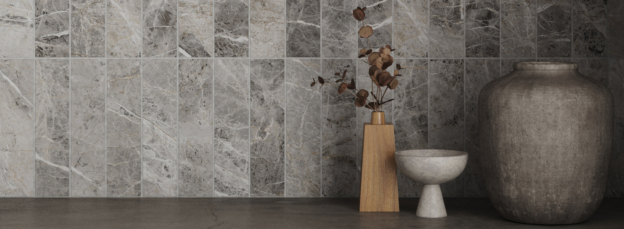 Elegant space showcasing grey marble look subway tiles with natural veining, complemented by minimalist decor pieces