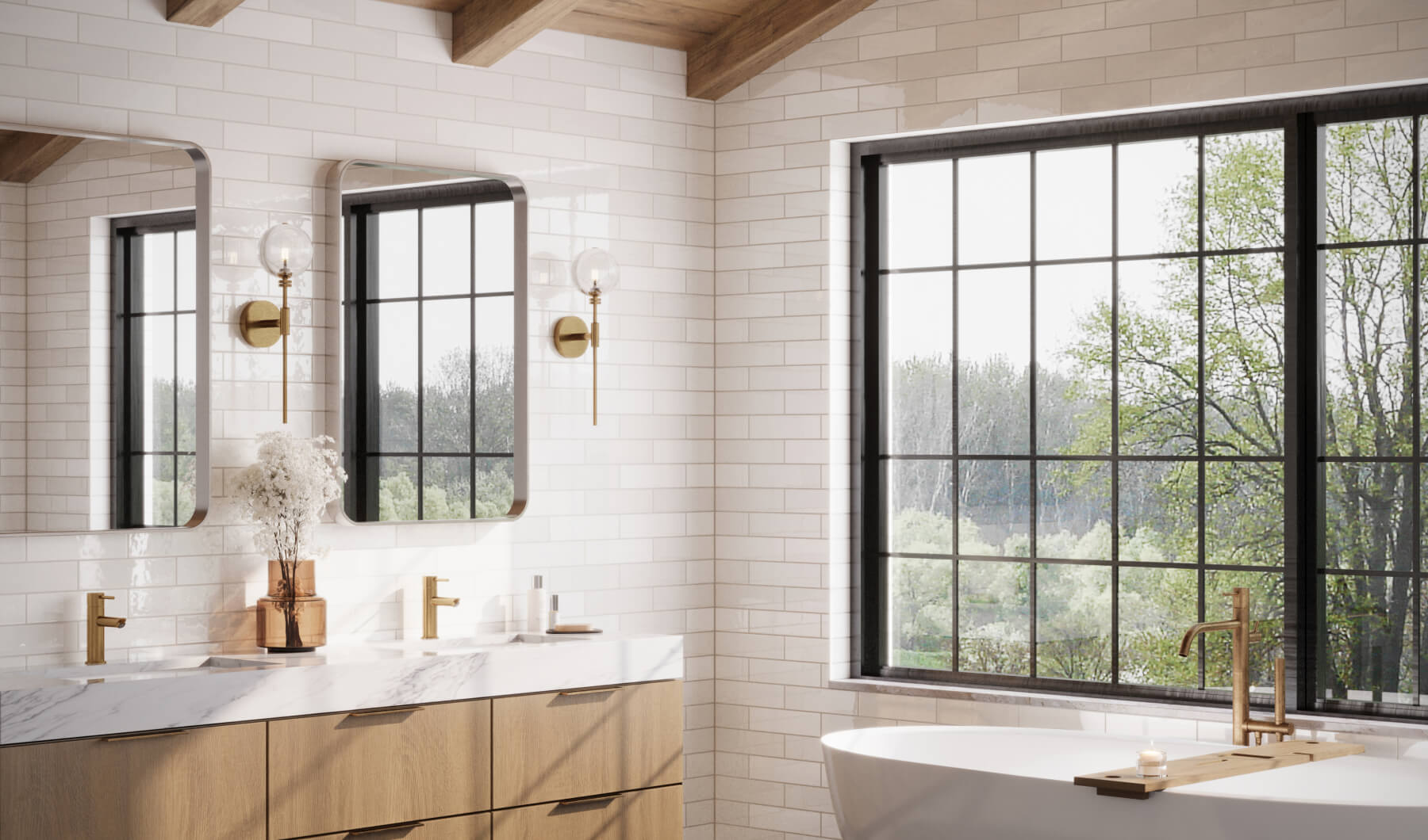 Chic bathroom with crisp white subway tiles, warm wooden accents, and brass fixtures set against a large window view of greenery