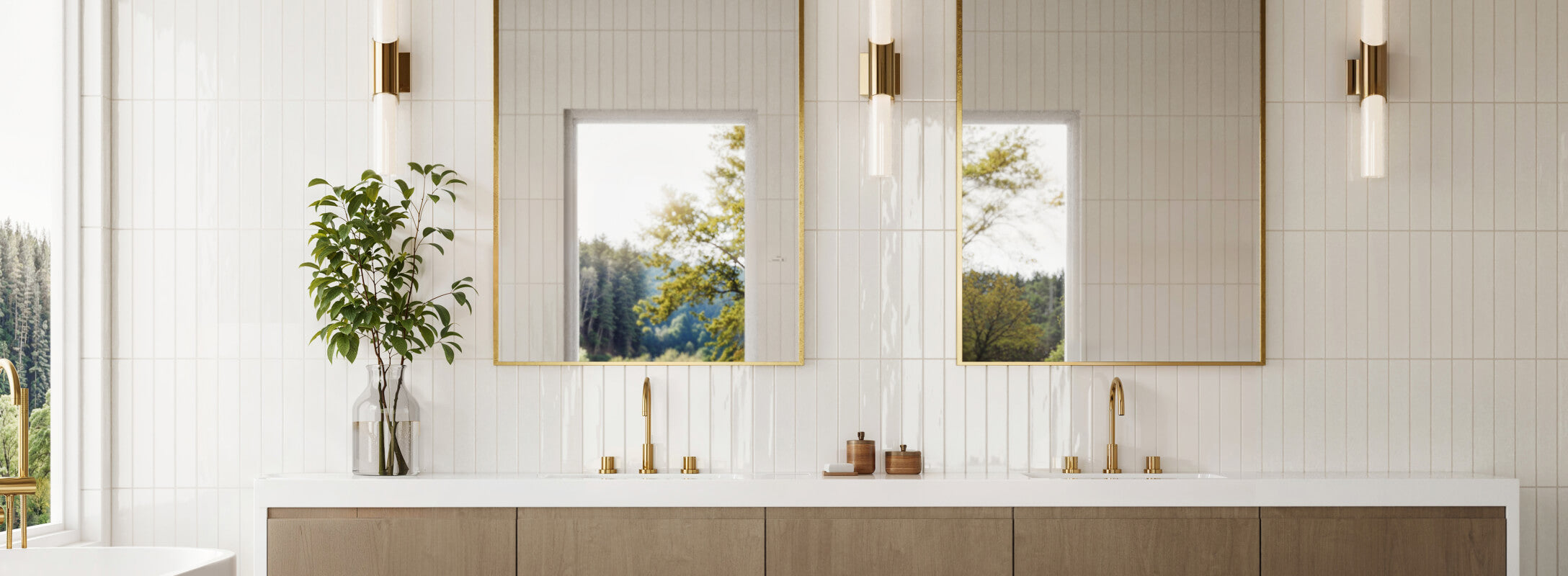 Minimalist bathroom with golden-framed mirrors, elegant white square tiles, and a serene forest view